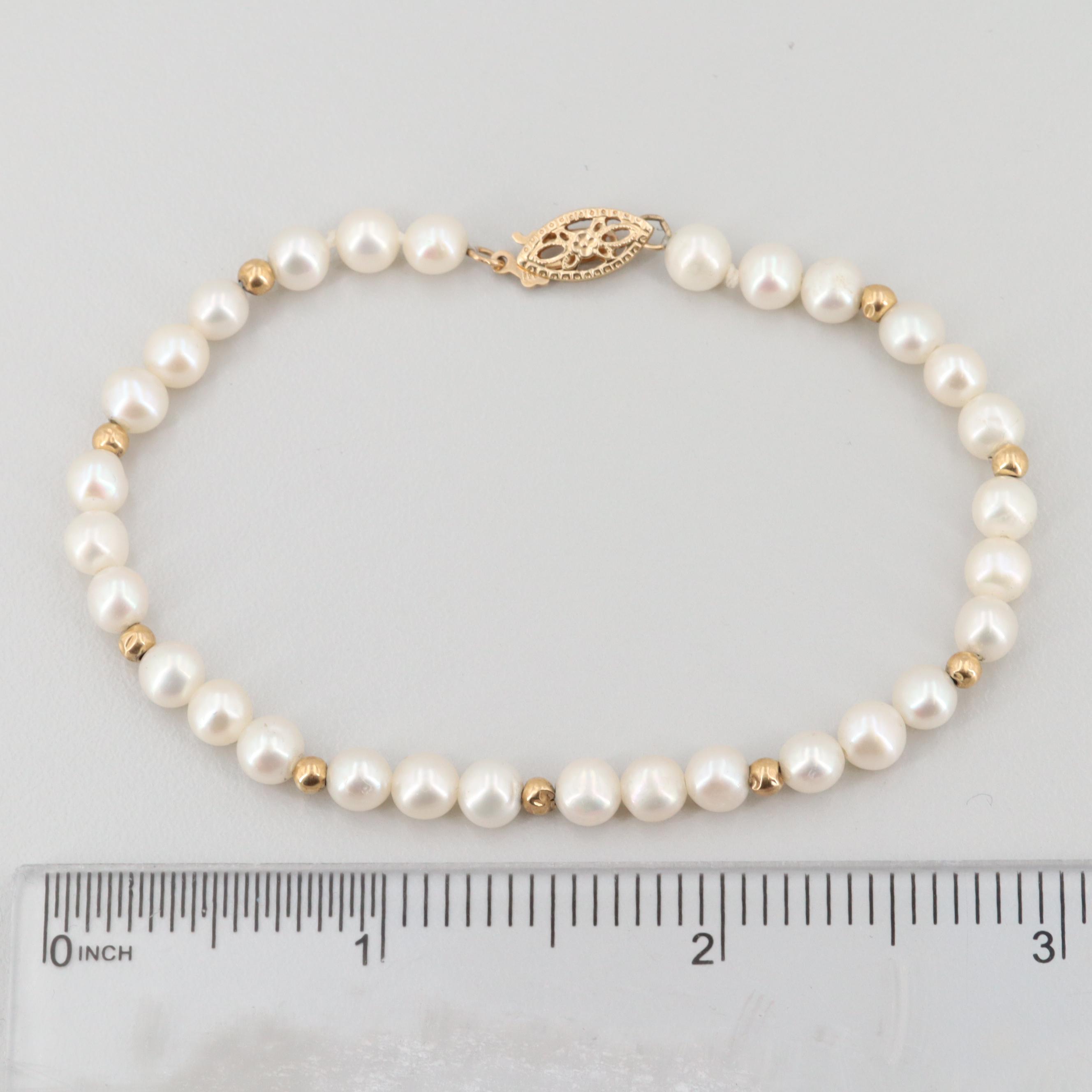 14K Yellow Gold Cultured Pearl Beaded Bracelet