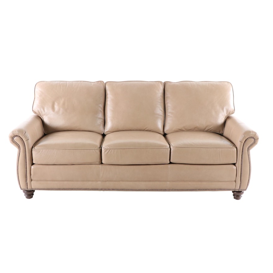 Smith Brothers Taupe Leather Sofa with Nailhead Trim, Contemporary