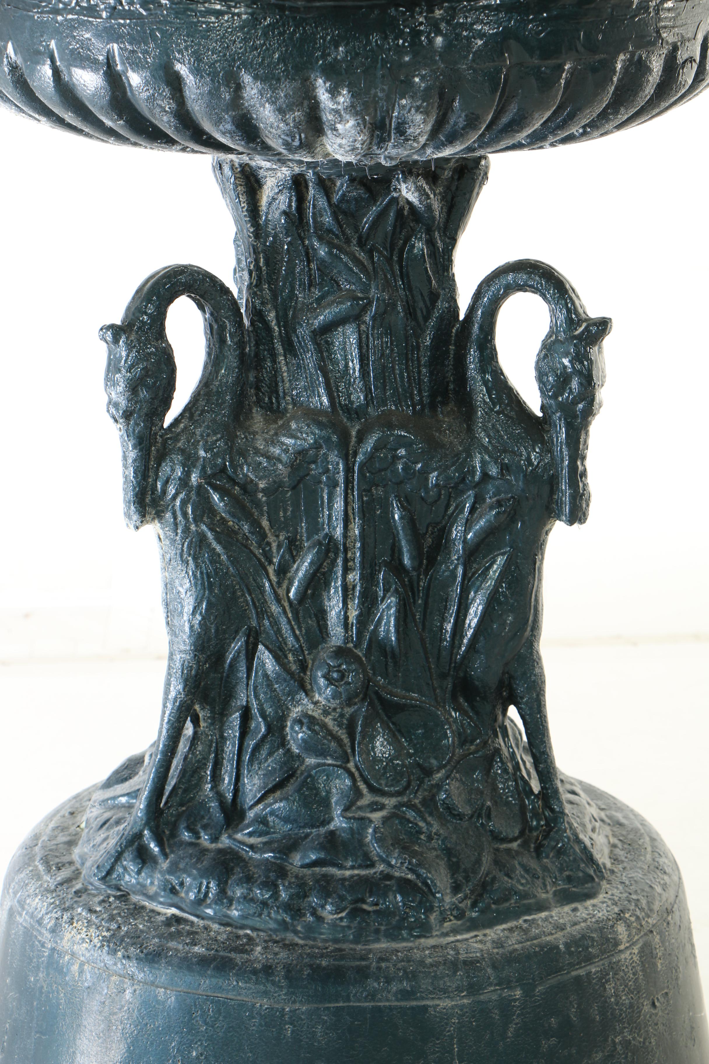 Three Tier Cast Aluminum Fountain With Swan Neck Birds at Base