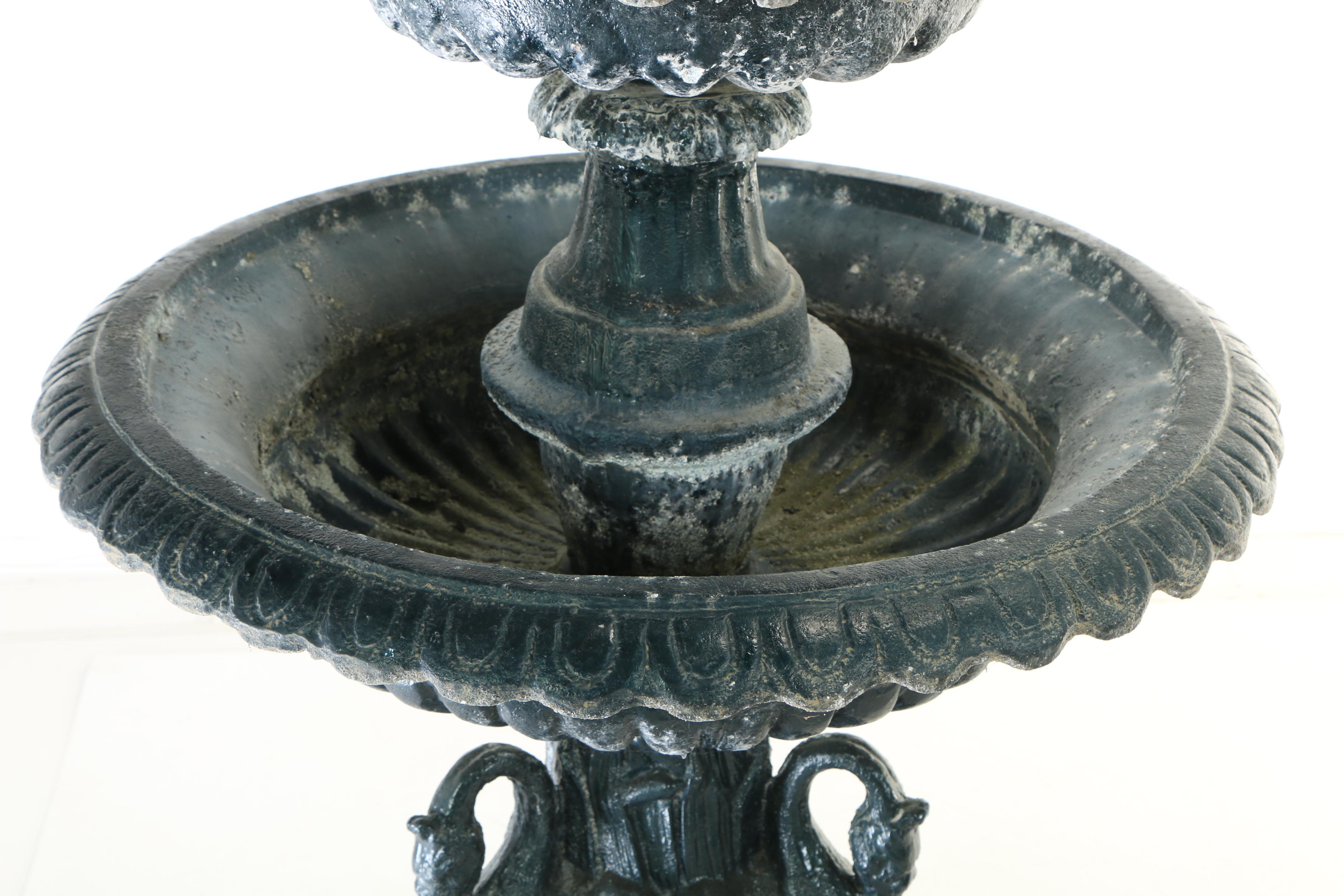 Three Tier Cast Aluminum Fountain With Swan Neck Birds at Base