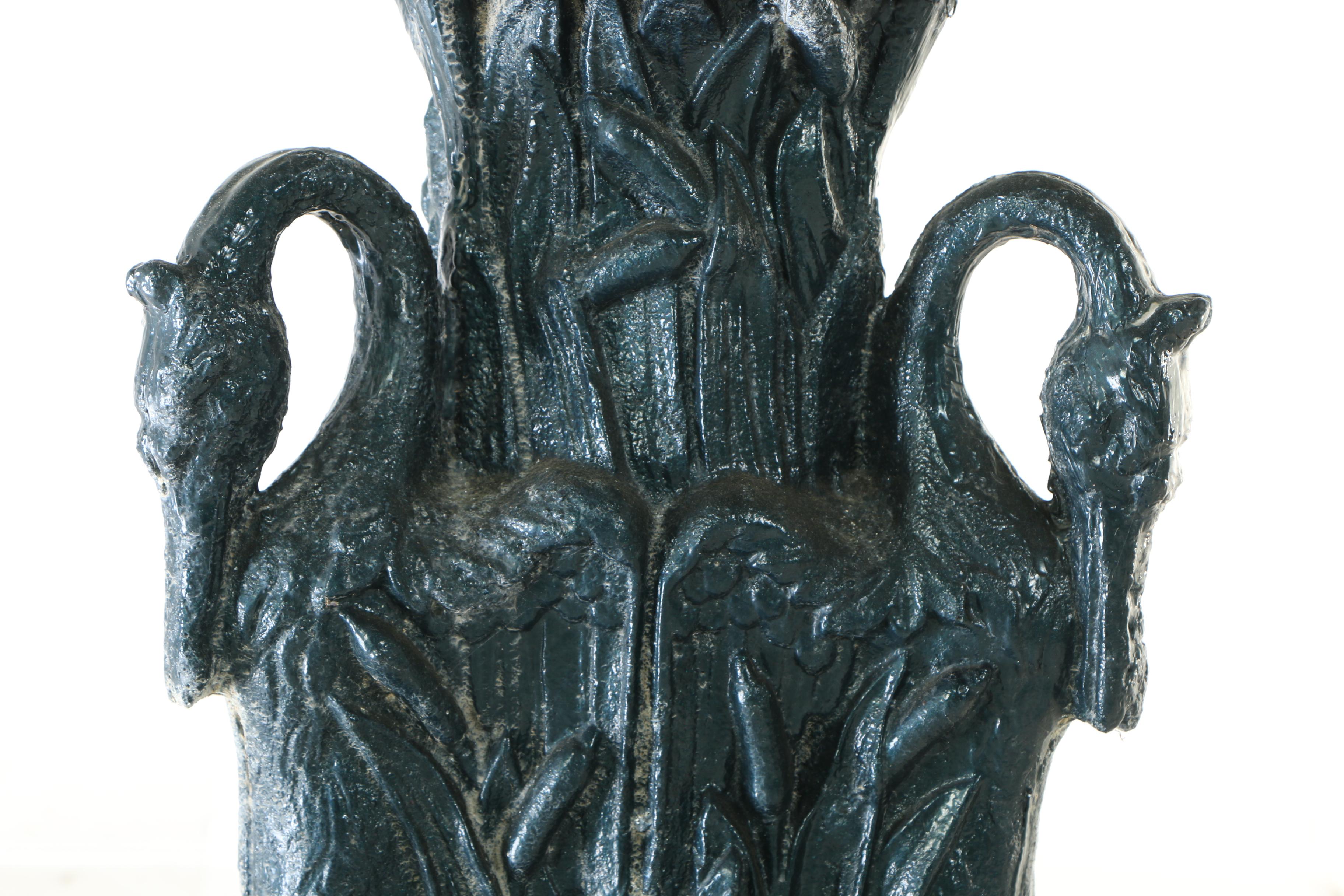 Three Tier Cast Aluminum Fountain With Swan Neck Birds at Base