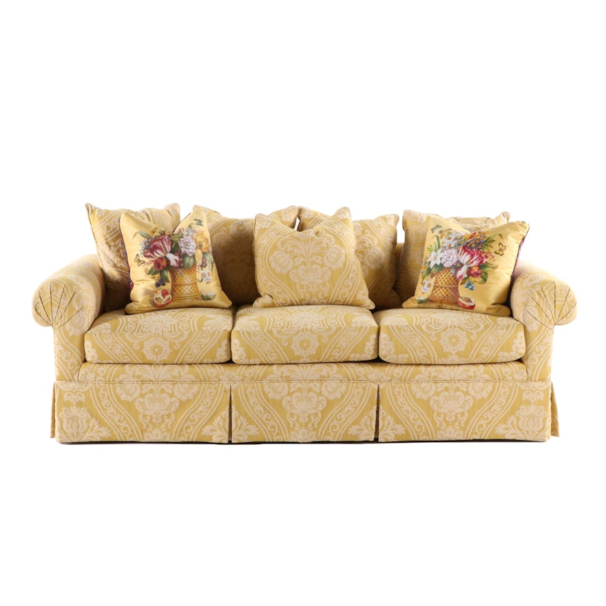 Upholstered Yellow Damask Sofa with Shantalle Hand Painted Pillows