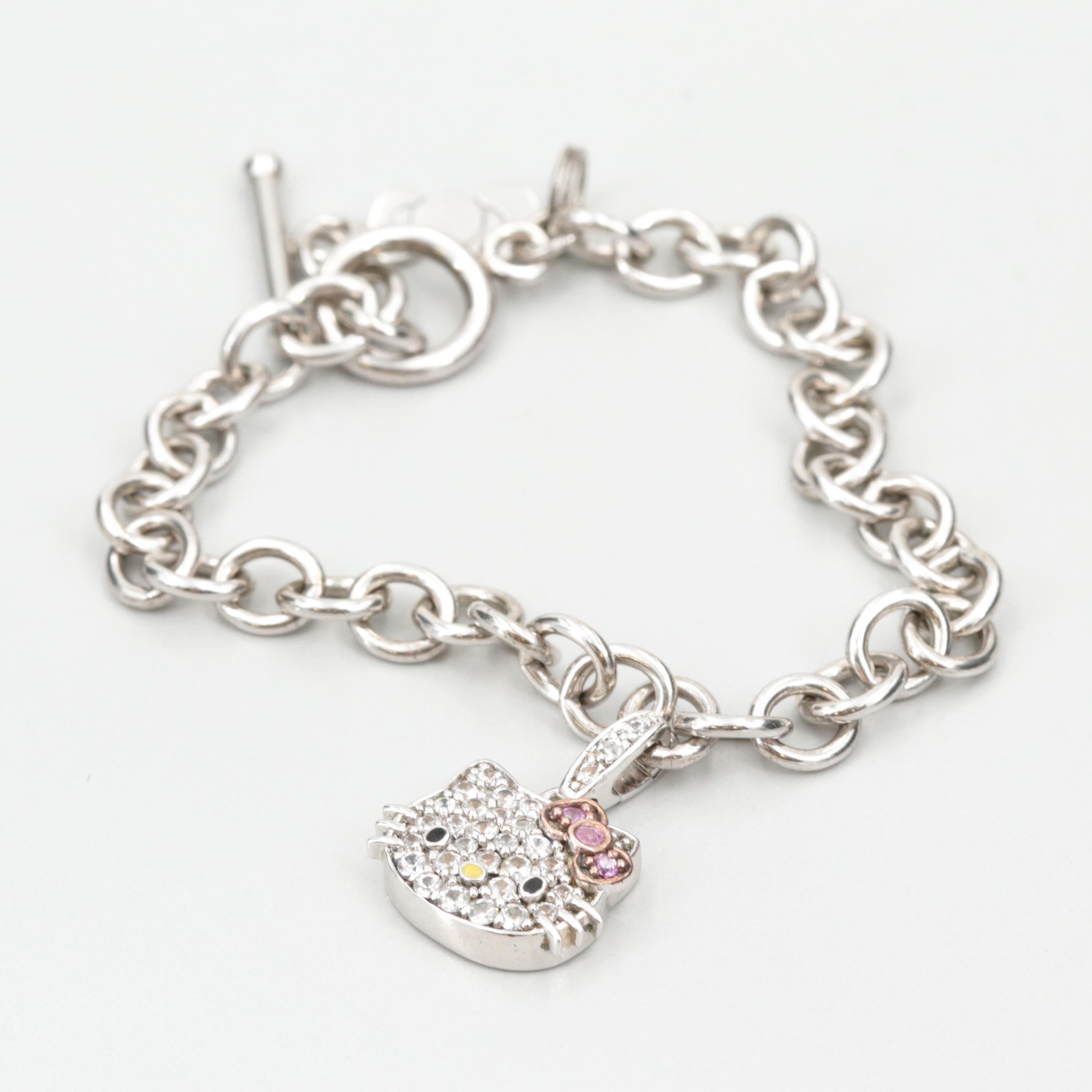 Hello Kitty Sterling Silver Synthetic Pink and White Sapphire Bracelet
