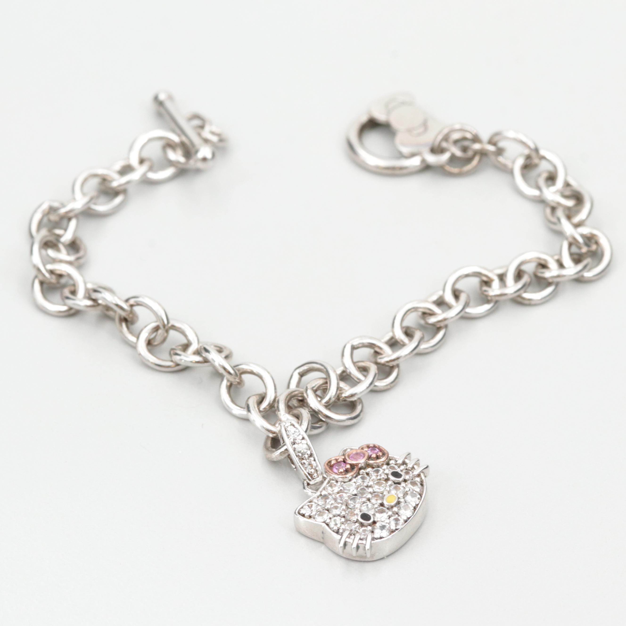 Hello Kitty Sterling Silver Synthetic Pink and White Sapphire Bracelet