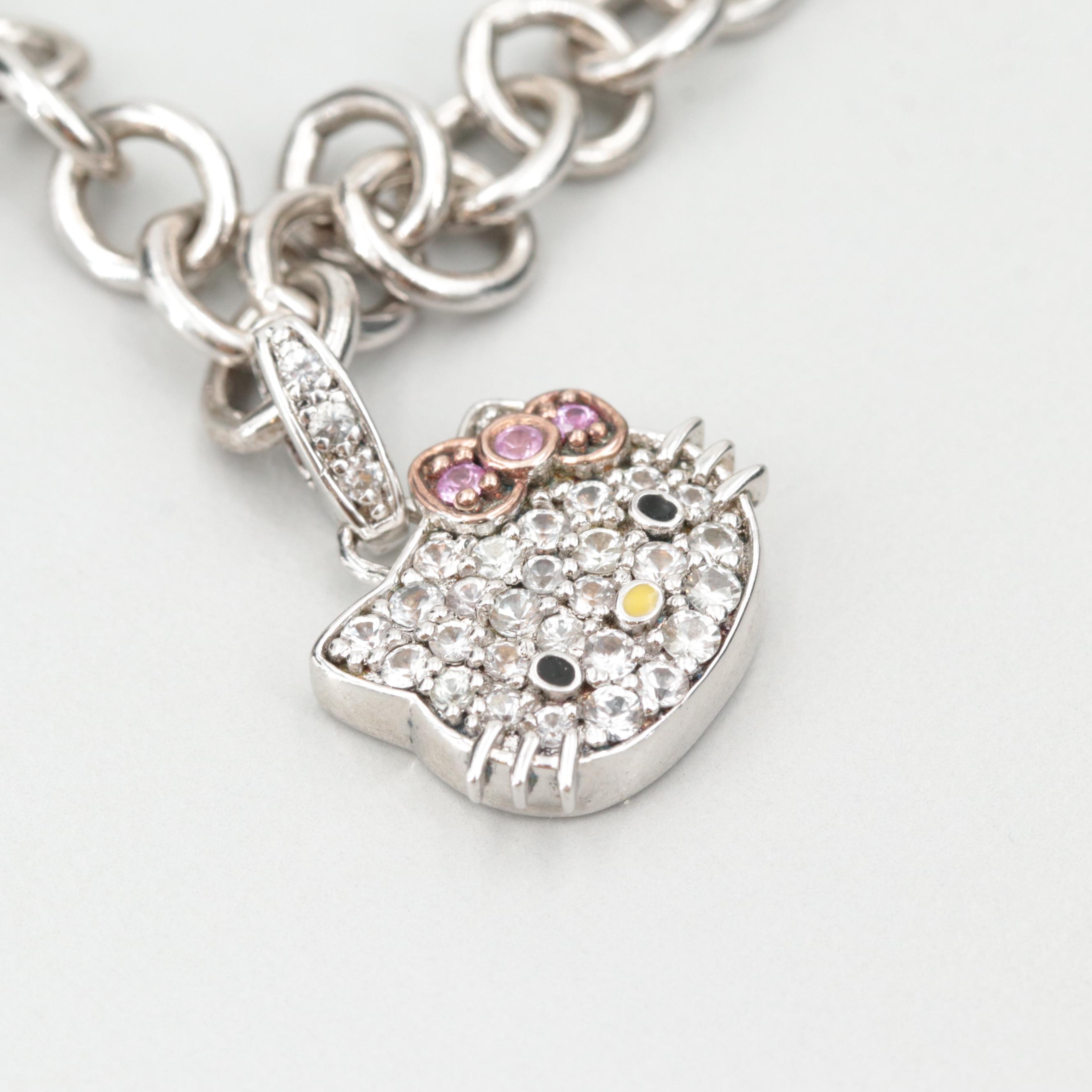 Hello Kitty Sterling Silver Synthetic Pink and White Sapphire Bracelet