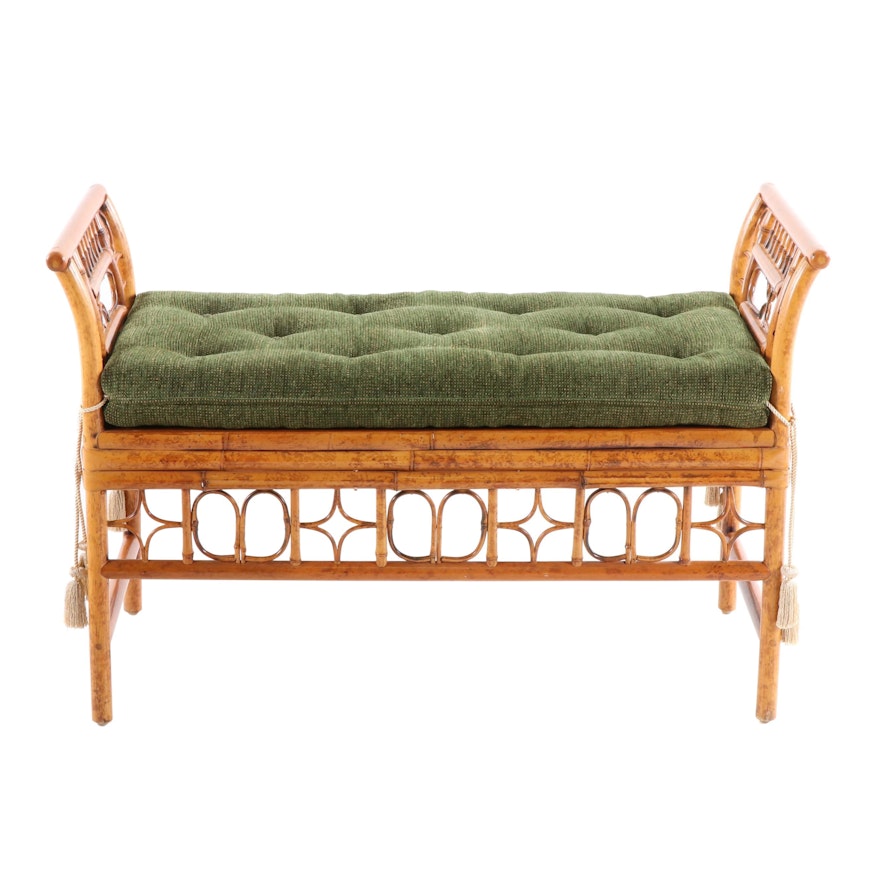 Contemporary Rattan Window Bench with Tufted Green Fabric Cushion