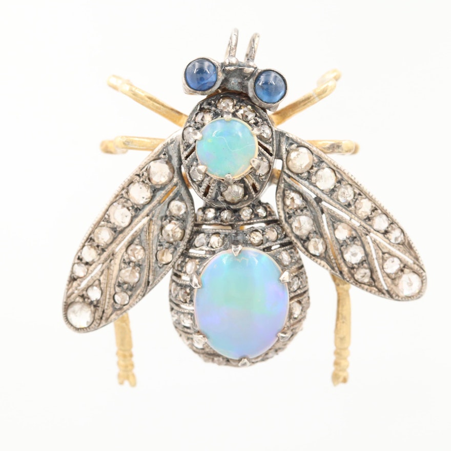 Two Tone Sterling Silver Opal, Blue Sapphire and Diamond Articulated Fly Brooch