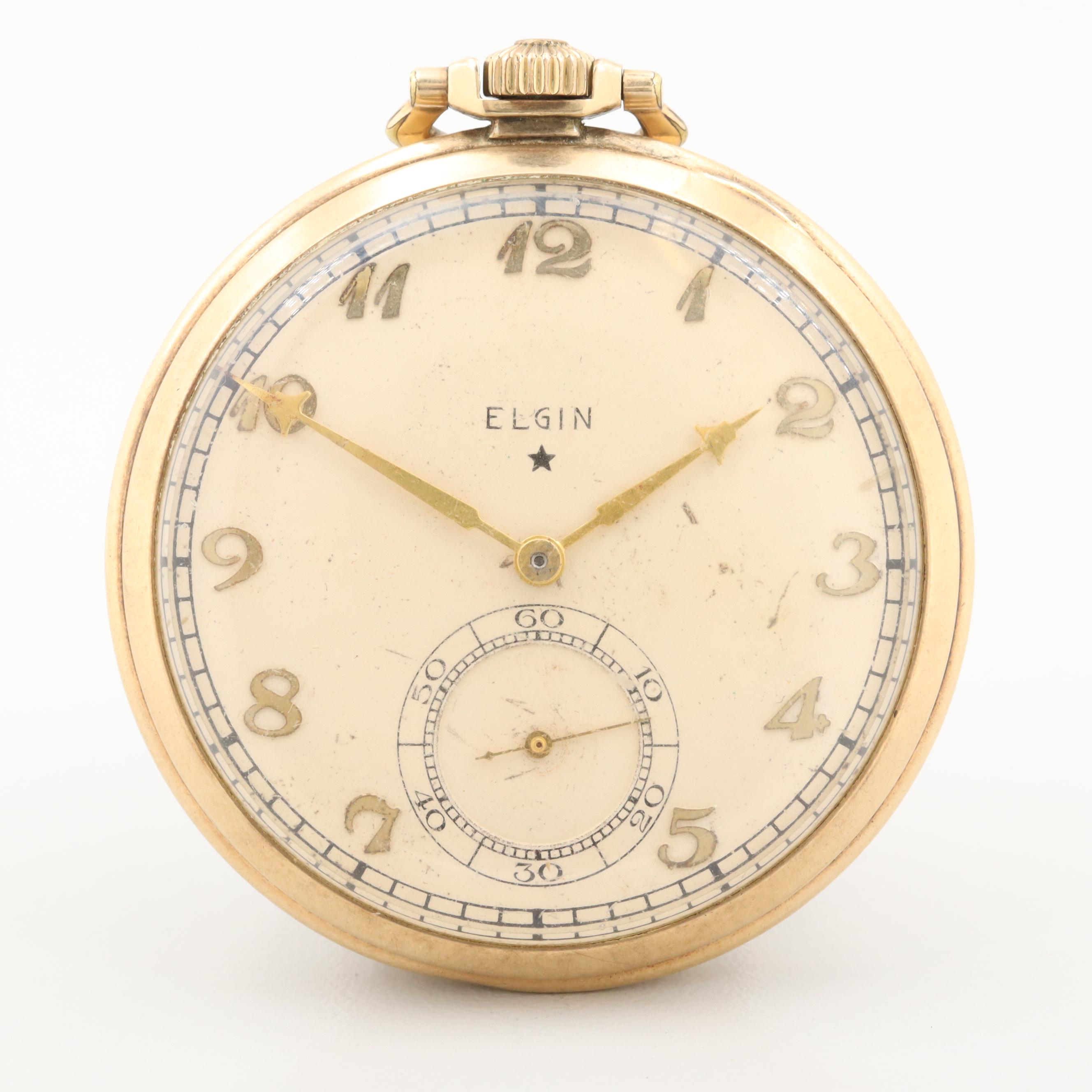 Vintage Elgin 10K Gold Filled Open Face Pocket Watch, 1933