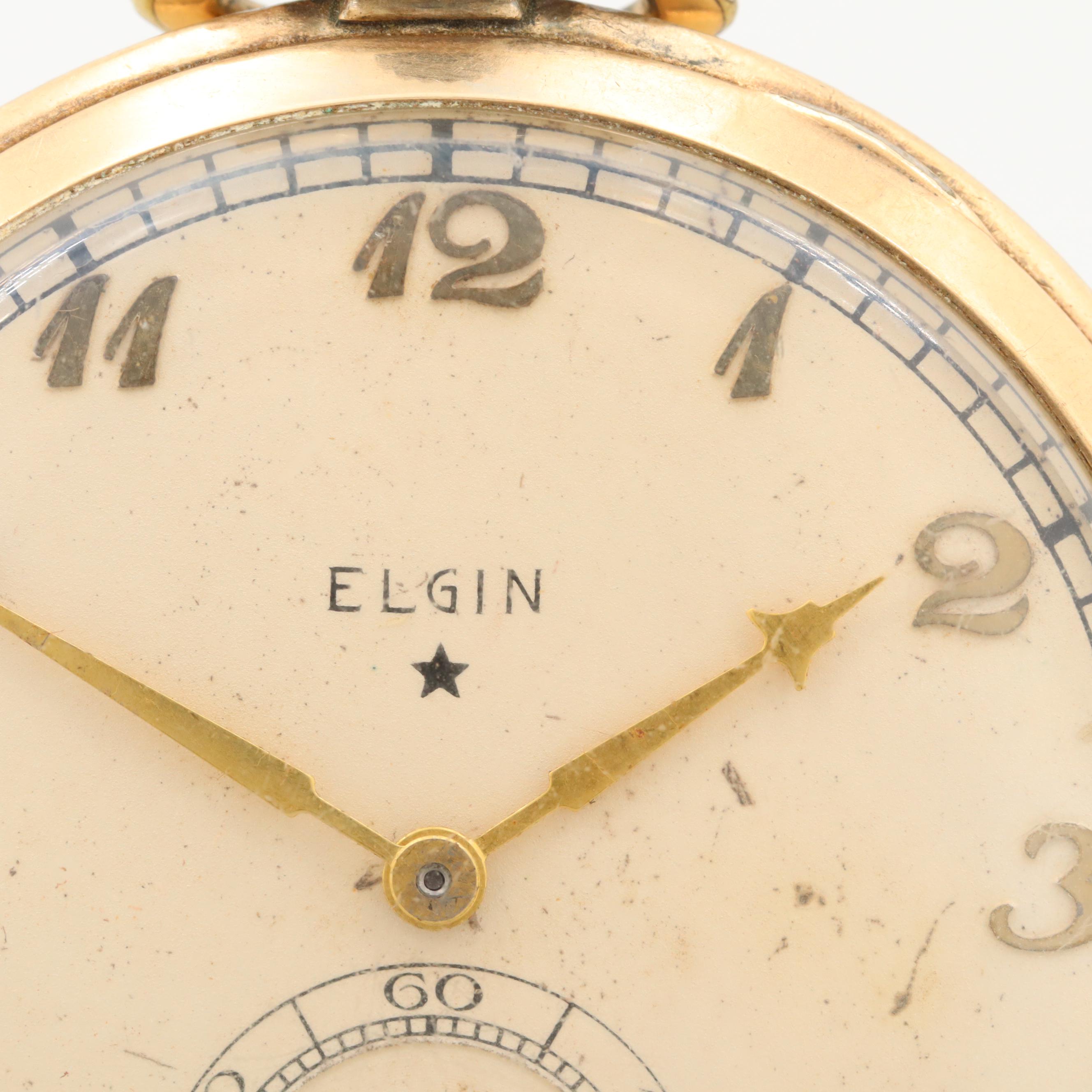Vintage Elgin 10K Gold Filled Open Face Pocket Watch, 1933