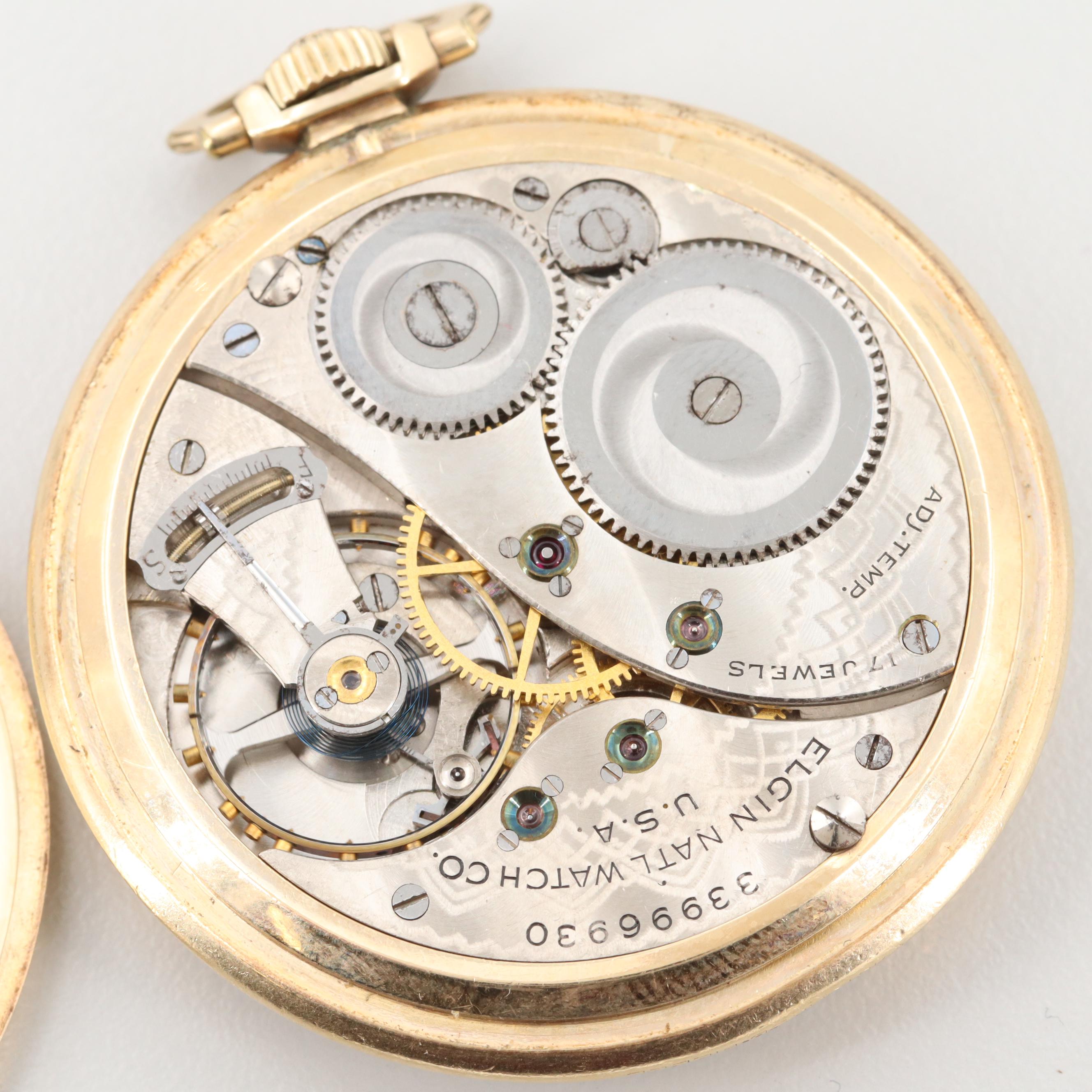 Vintage Elgin 10K Gold Filled Open Face Pocket Watch, 1933