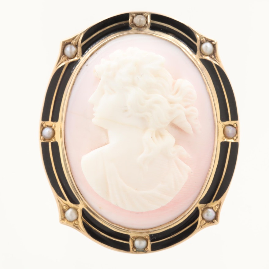 Vintage 10K Gold Conch Shell Cameo, Cultured Pearl and Enamel Converter Brooch