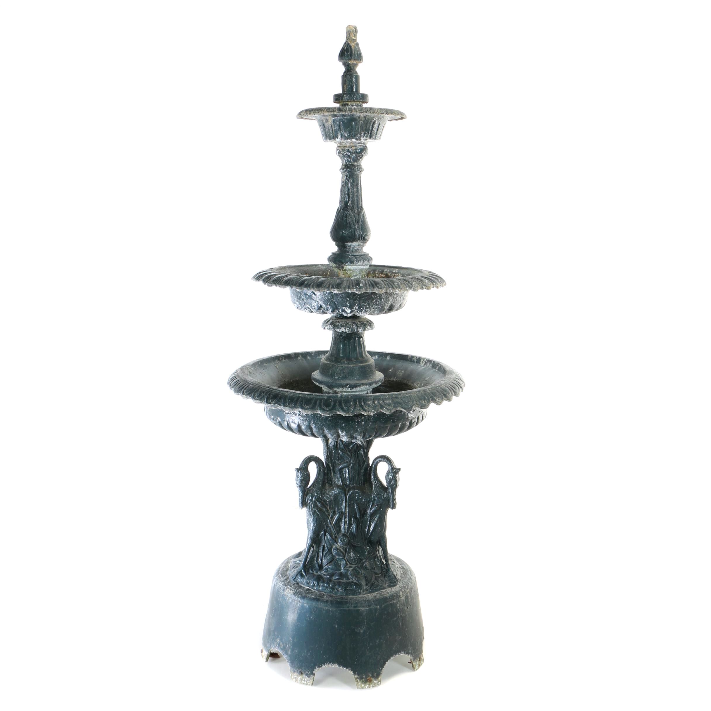 Three Tier Cast Aluminum Fountain With Swan Neck Birds at Base