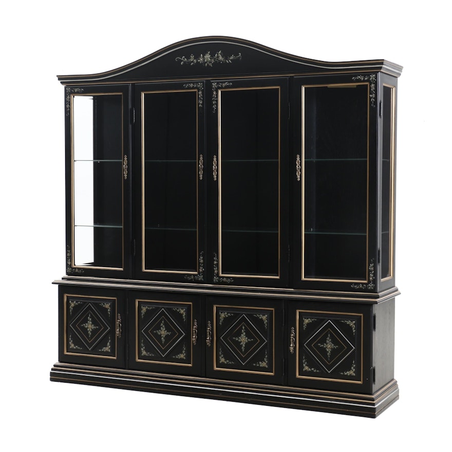 Black Lacquered and Painted China Cabinet, Mid to Late 20th Century