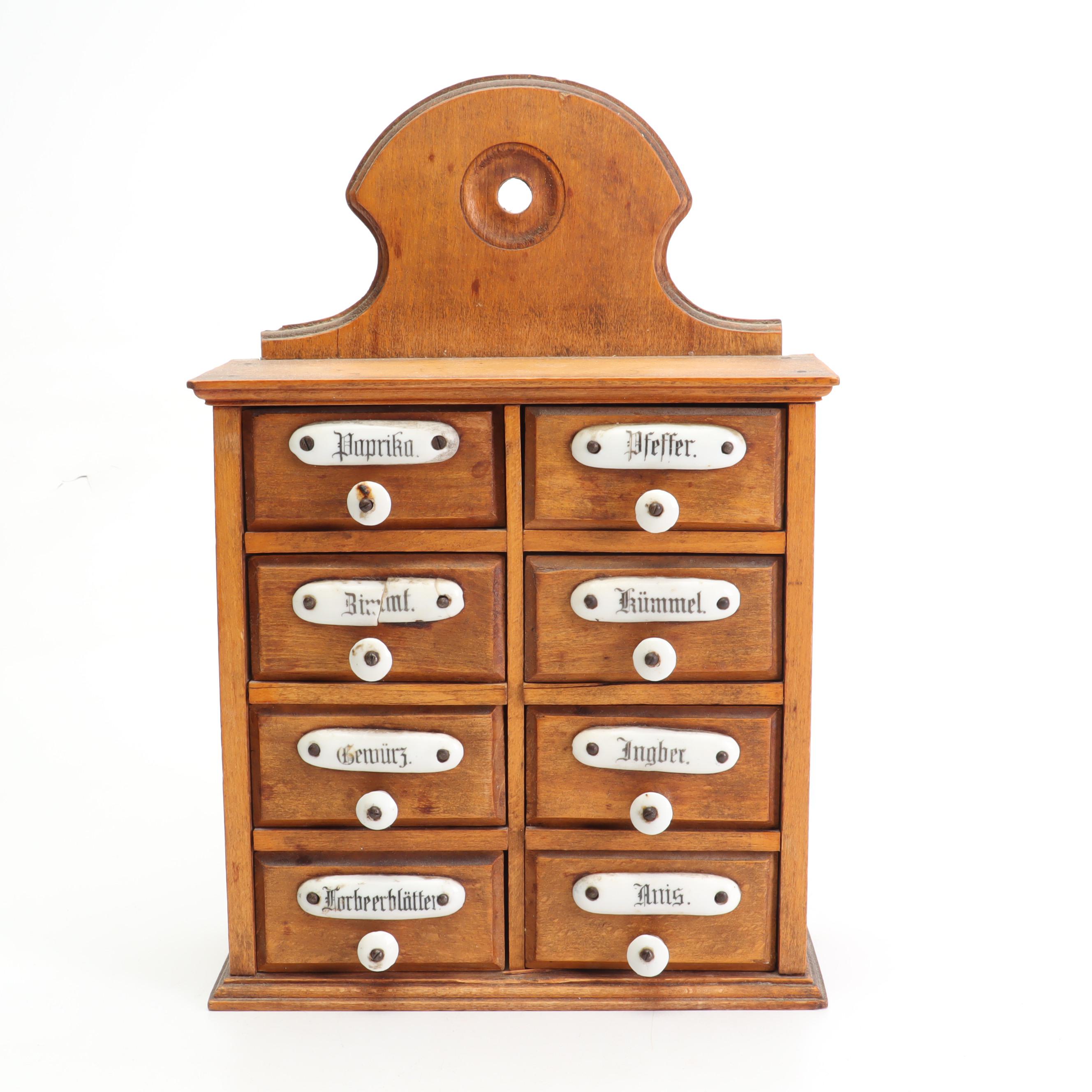 Antique German Spice Cabinet with Porcelain Handles and French Kitchen Decor