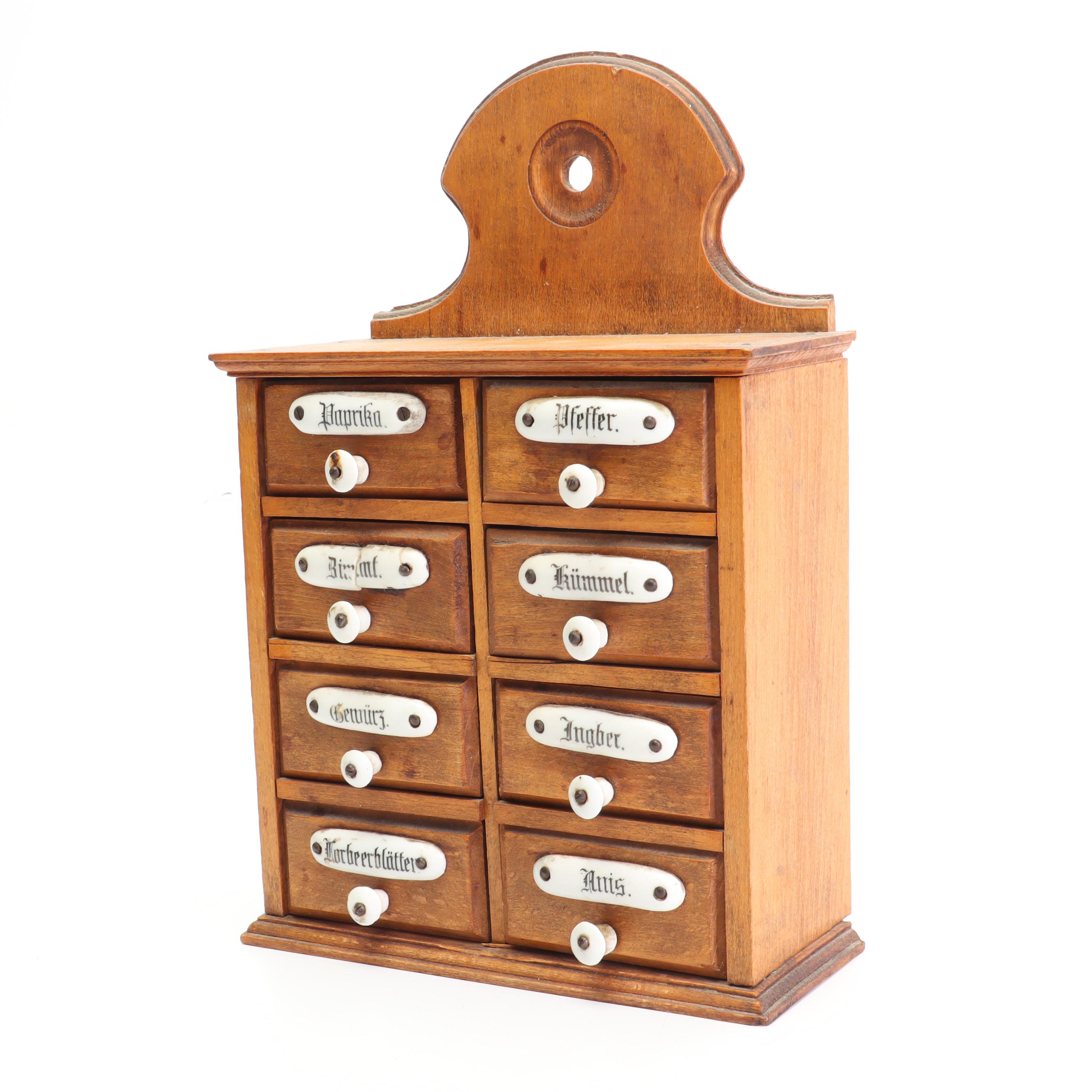 Antique German Spice Cabinet with Porcelain Handles and French Kitchen Decor