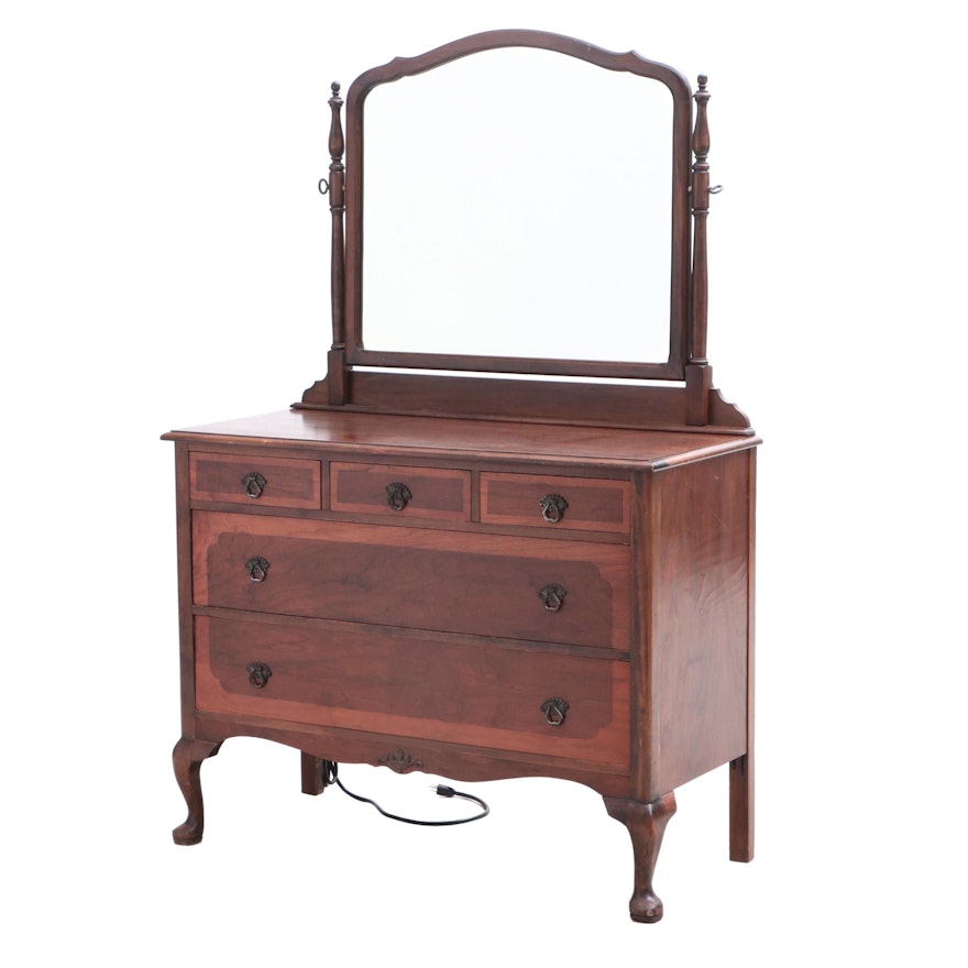 Queen Anne/Transitional Walnut Chest of Drawers with Mirror, Circa 1930
