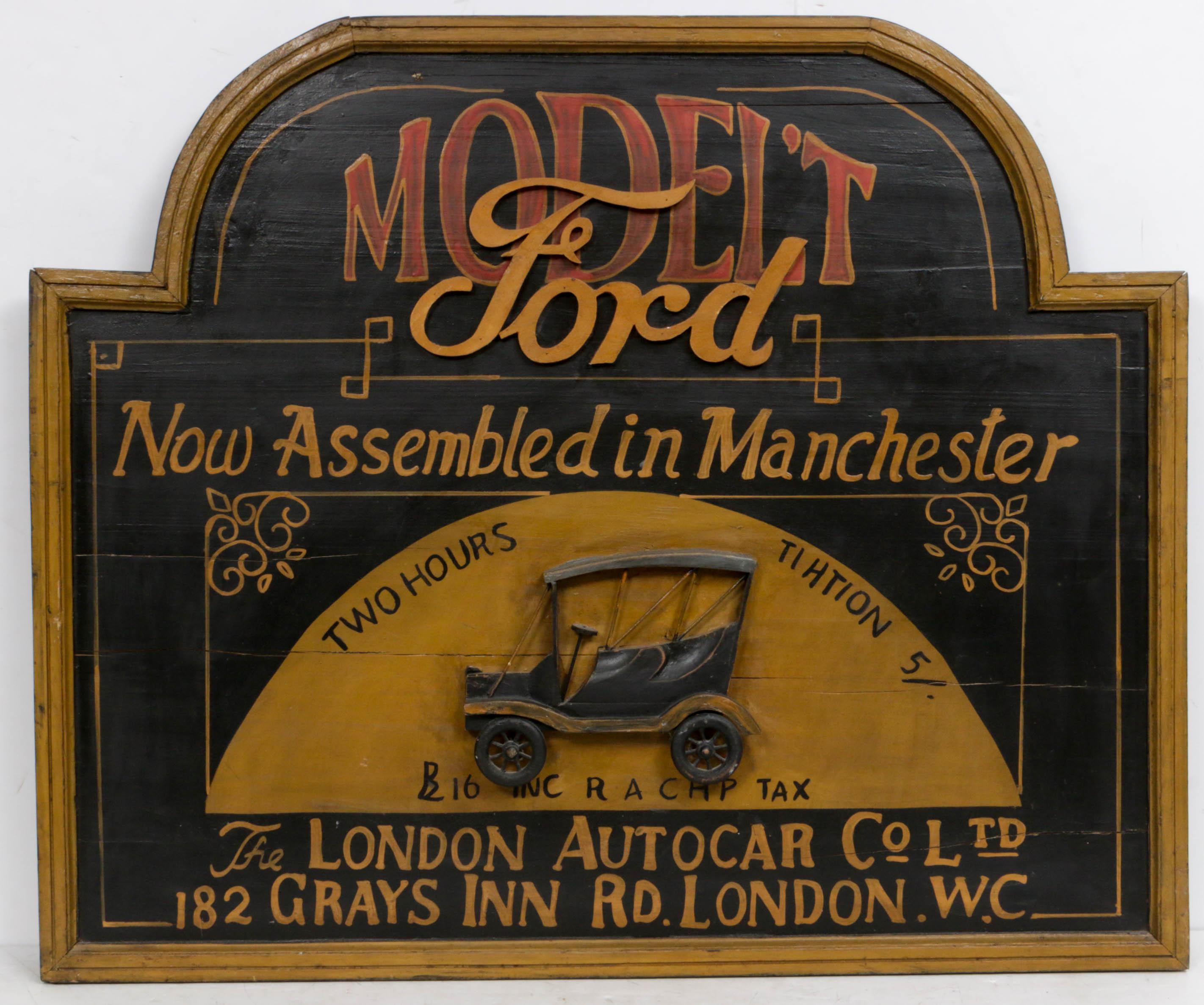 British London Autocar Company Model-T Ford Wood Advertising Sign, Circa 1914