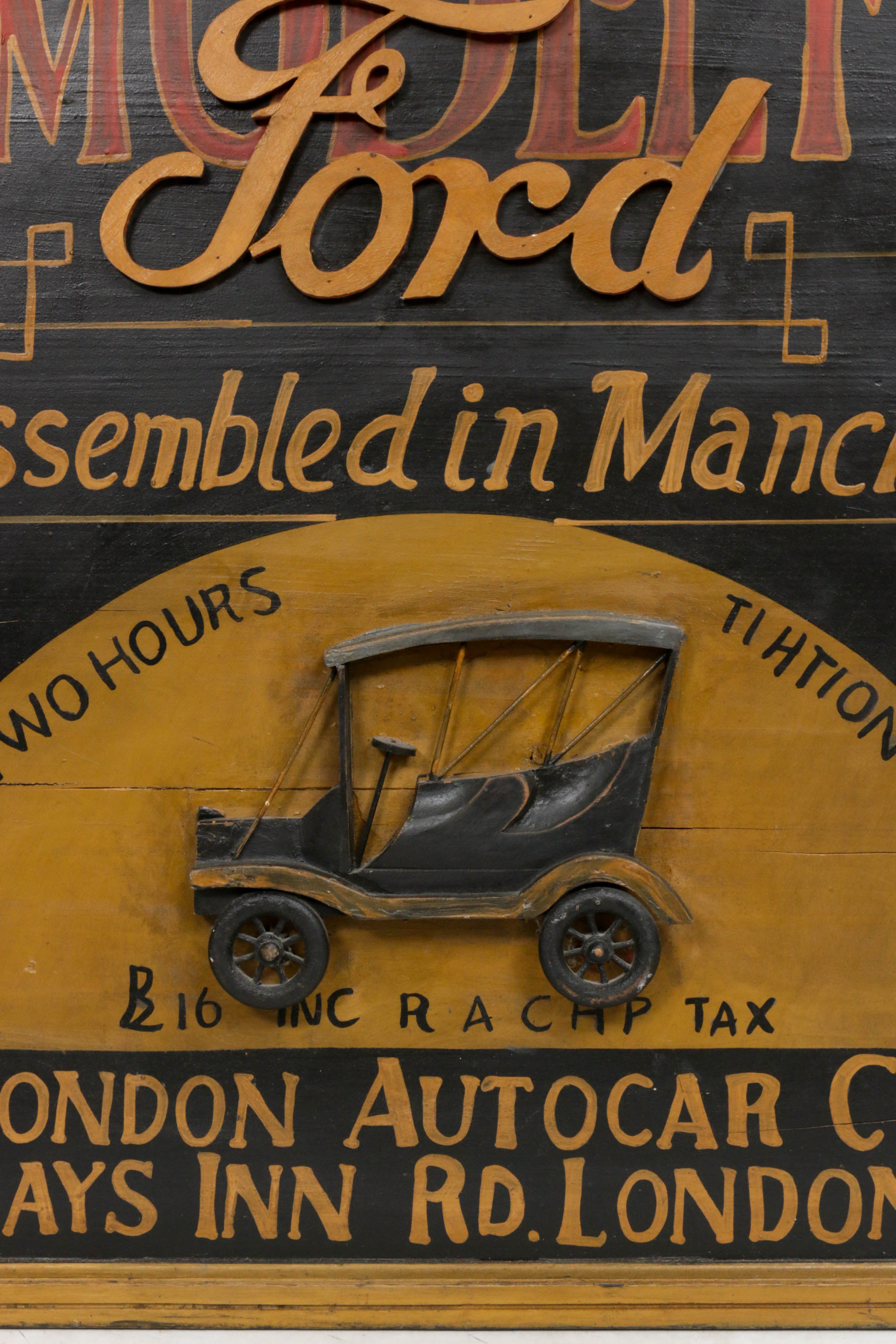 British London Autocar Company Model-T Ford Wood Advertising Sign, Circa 1914