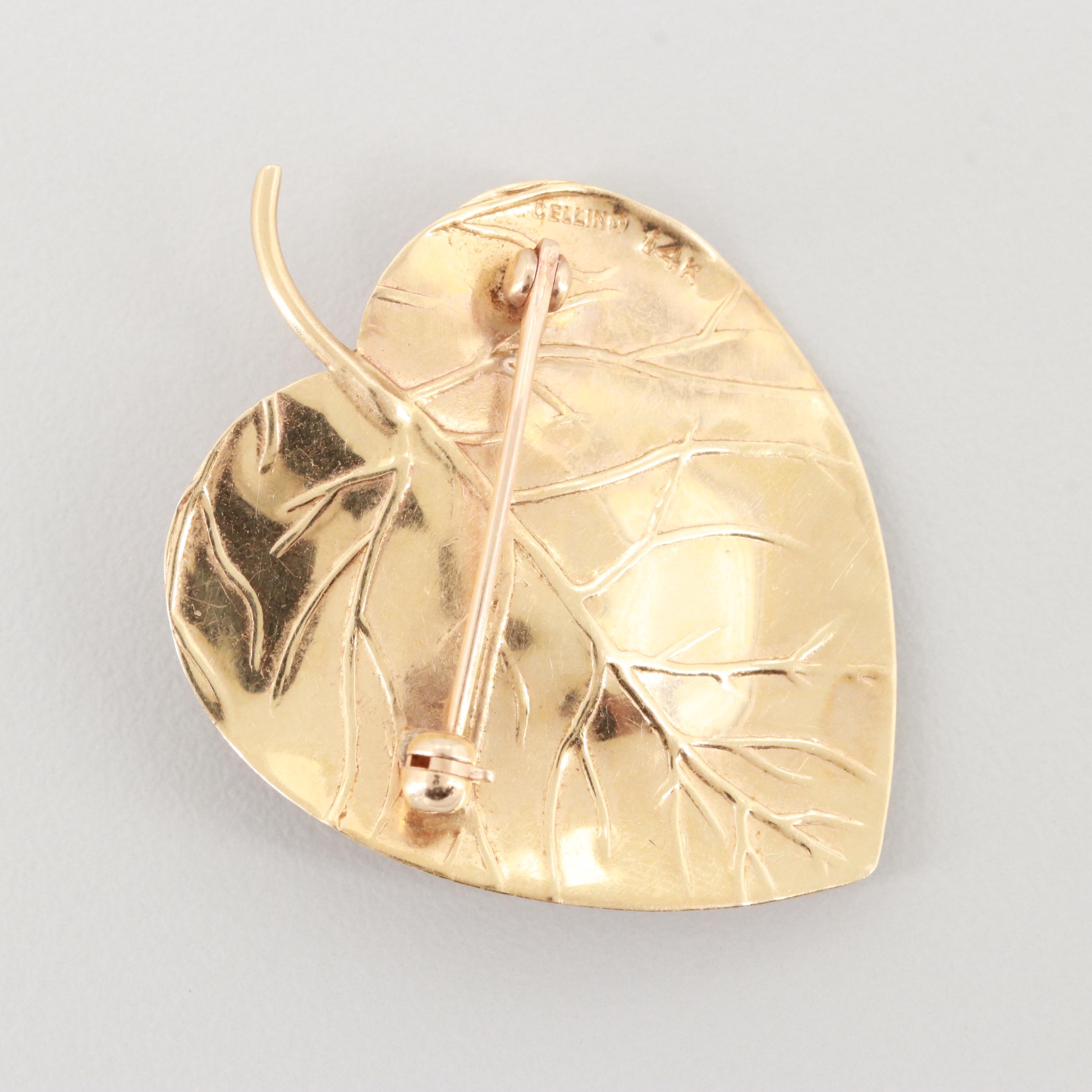 Vintage Cellino 14K Yellow Gold Frog on a Leaf Brooch with Ruby Accents