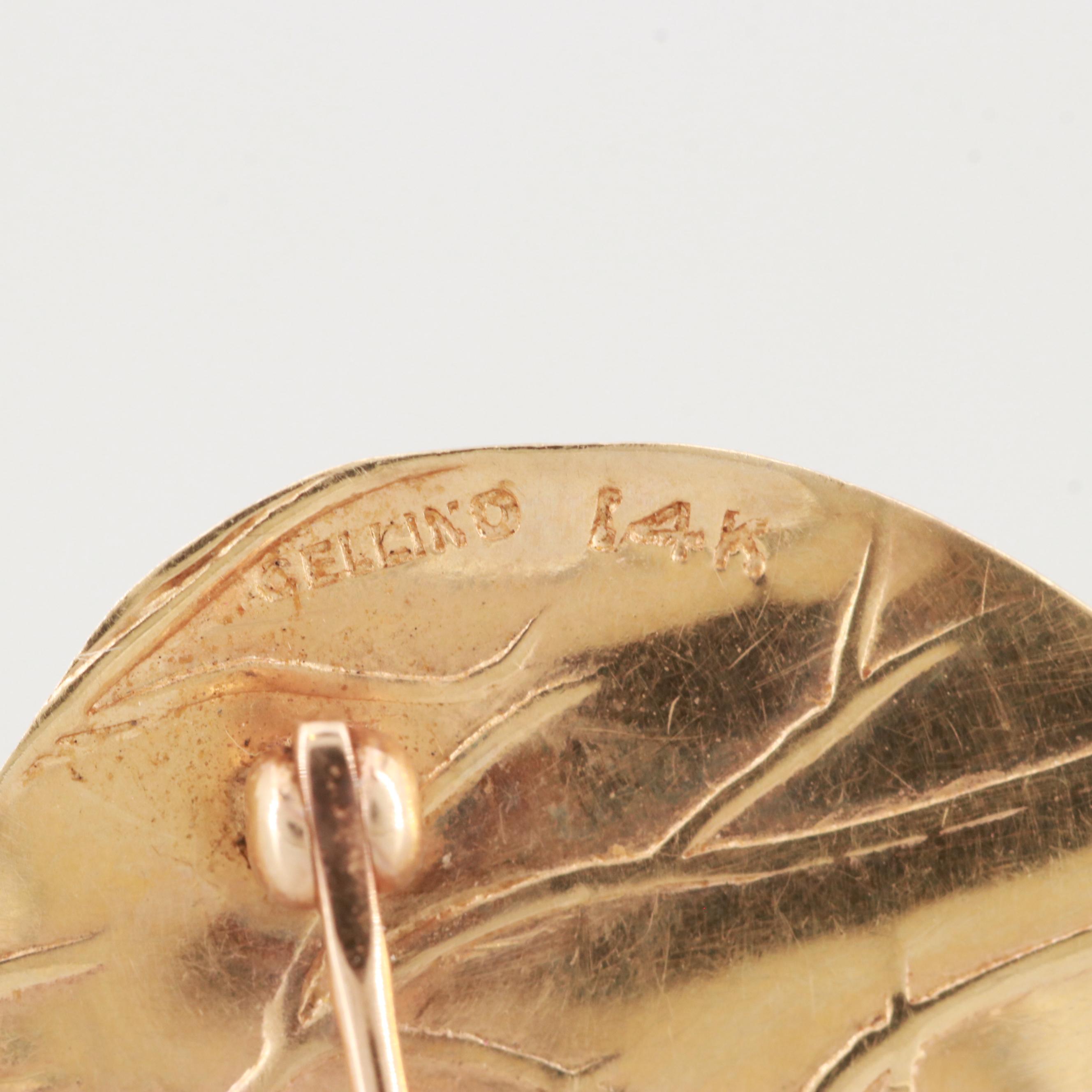 Vintage Cellino 14K Yellow Gold Frog on a Leaf Brooch with Ruby Accents