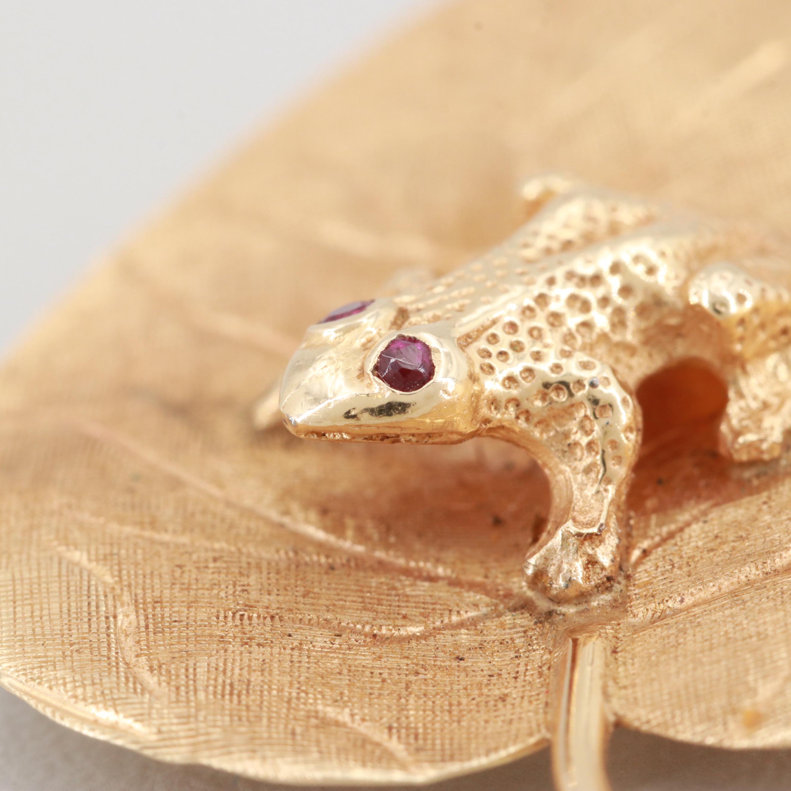 Vintage Cellino 14K Yellow Gold Frog on a Leaf Brooch with Ruby Accents
