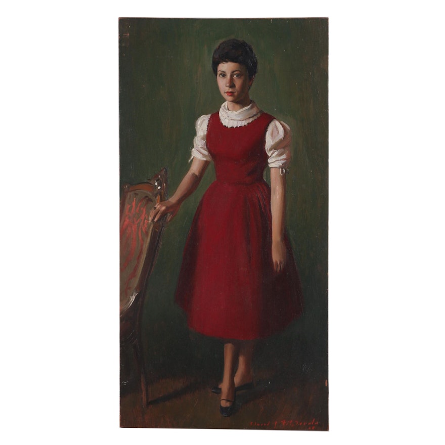 Edmond J. Fitzgerald Mid Century Oil Portrait of a Girl