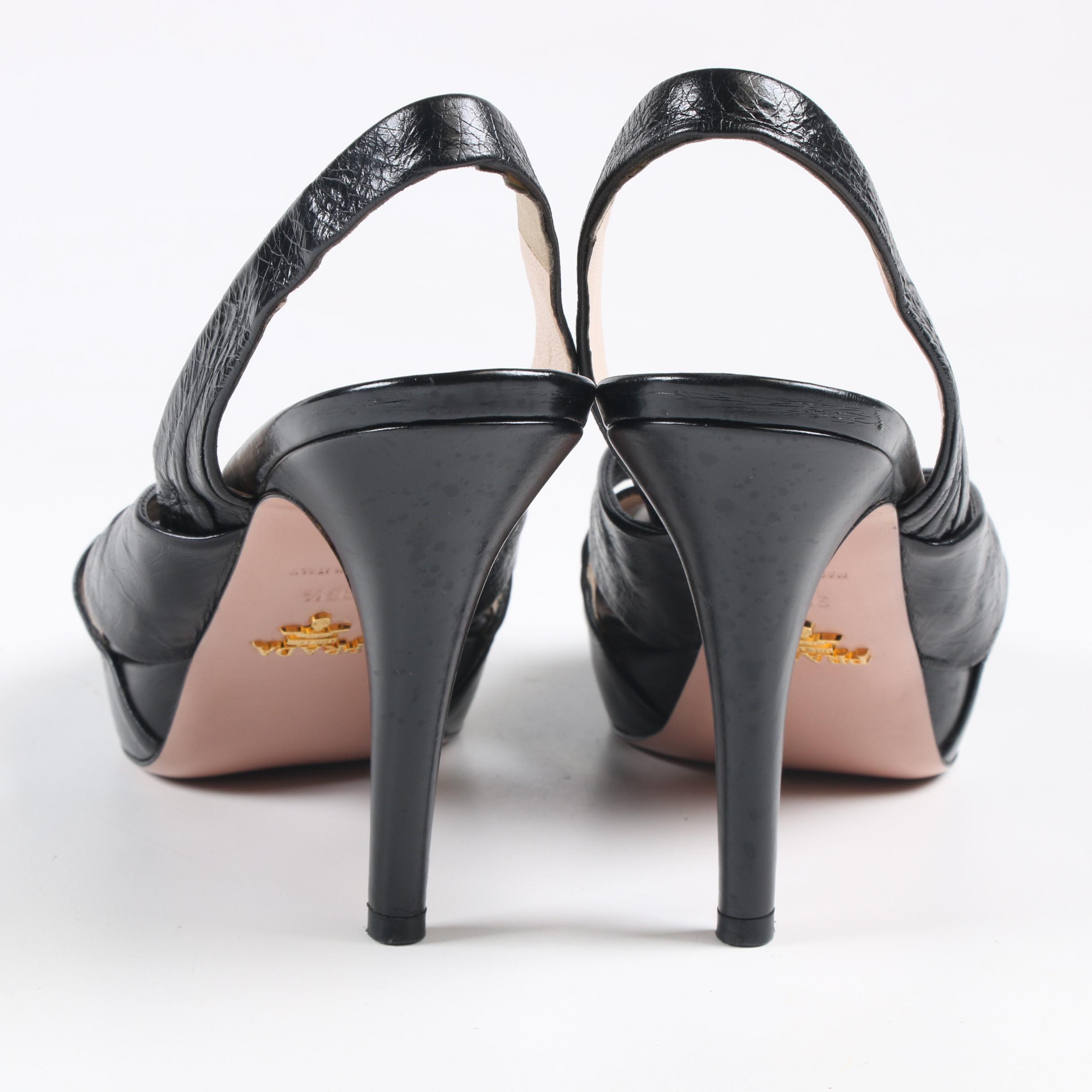Prada Platform Peep-Toe High Heel Slingbacks in Black Pleated Leather