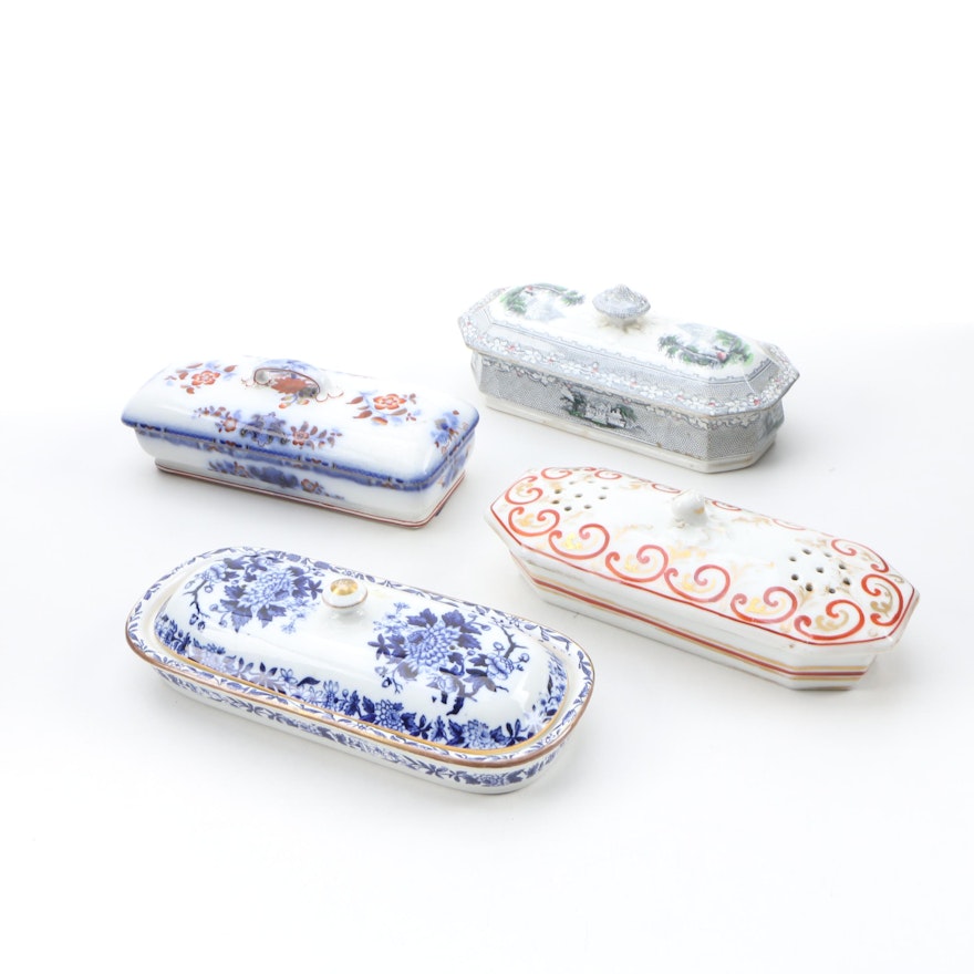 Copeland, Minton, and English Transferware Toothbrush Box with French Soap Box