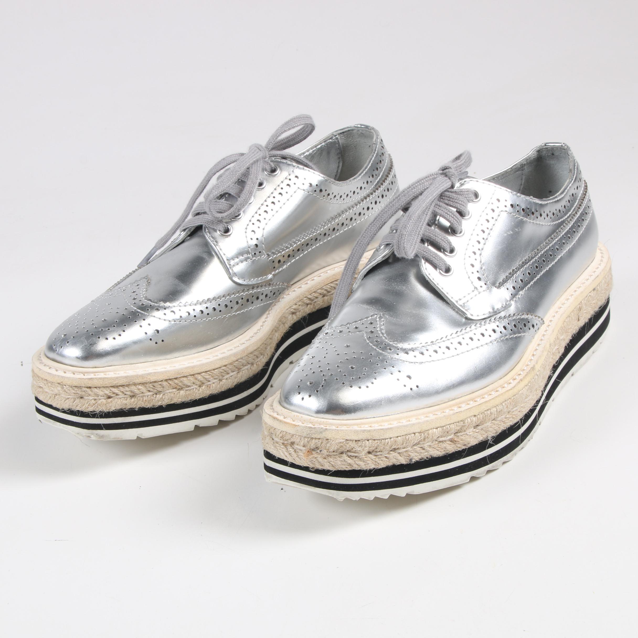 Prada Silver Metallic Leather Wingtip Platform Espadrille Brogue Shoes