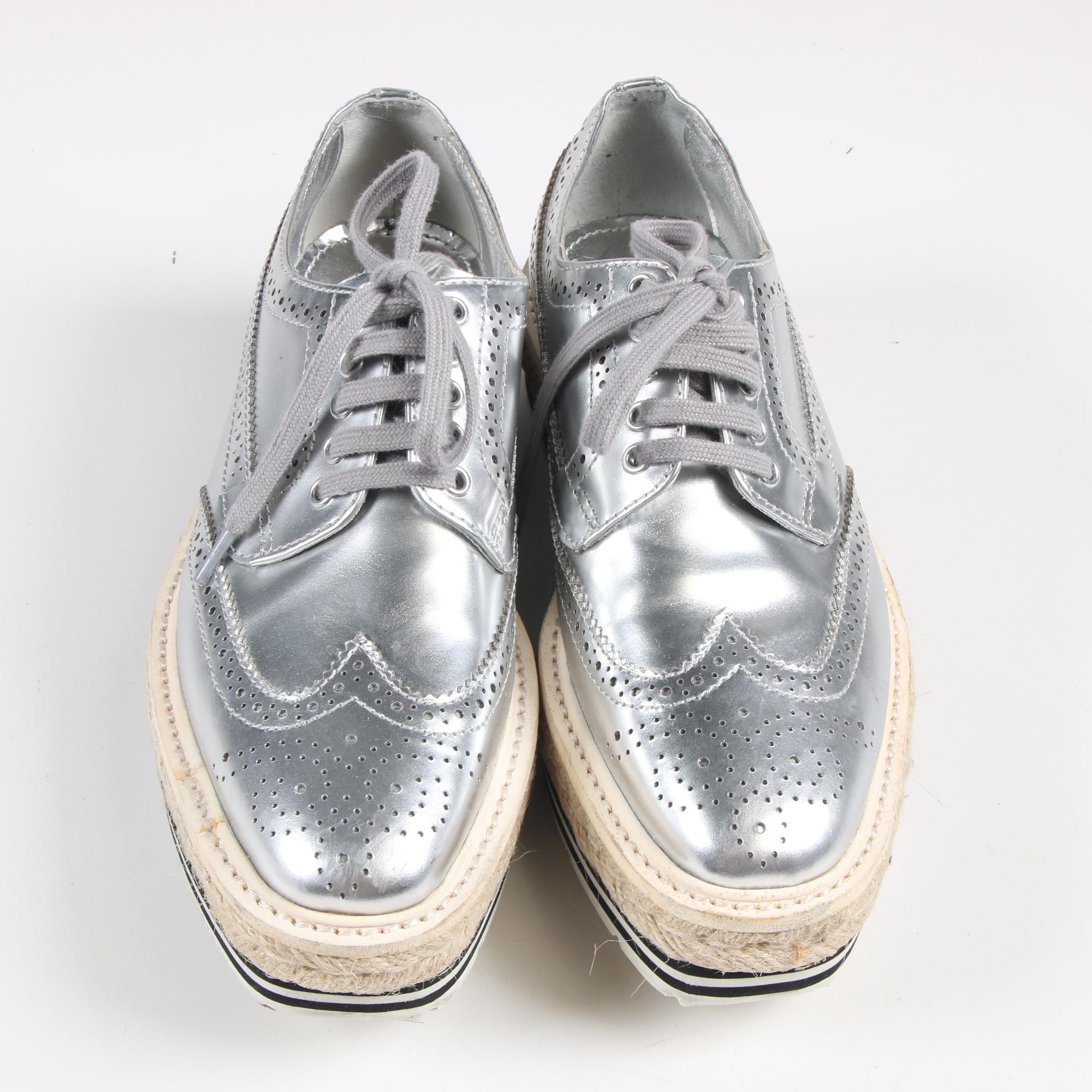 Prada Silver Metallic Leather Wingtip Platform Espadrille Brogue Shoes