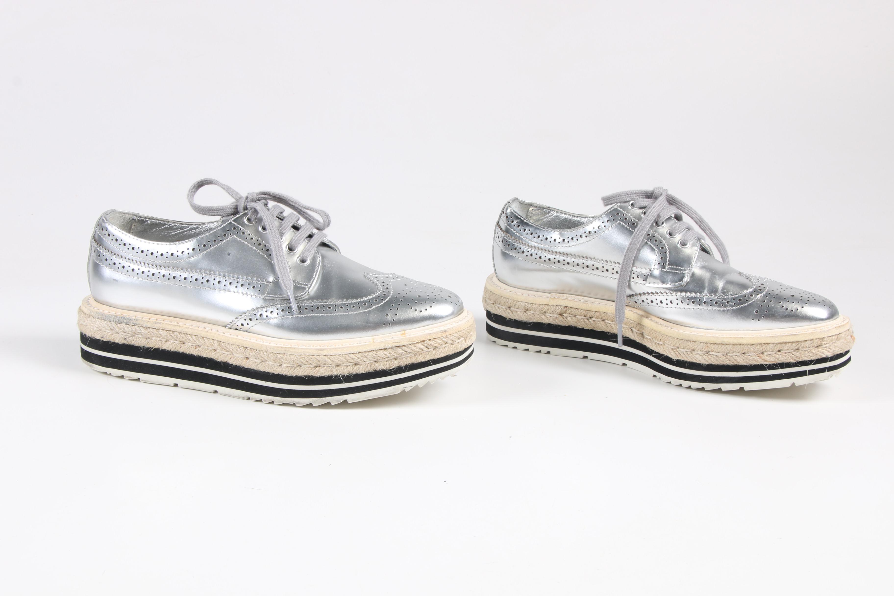 Prada Silver Metallic Leather Wingtip Platform Espadrille Brogue Shoes