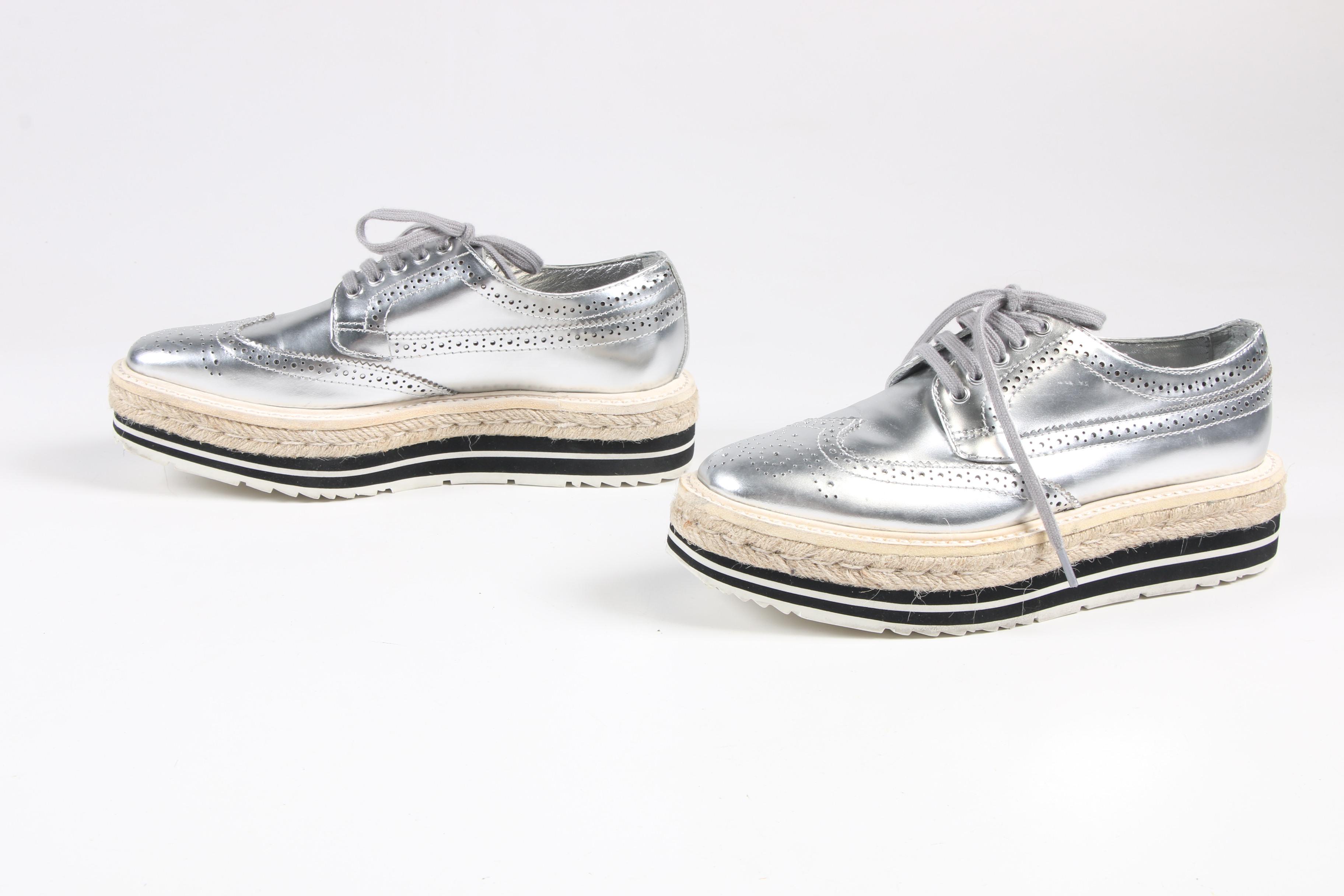 Prada Silver Metallic Leather Wingtip Platform Espadrille Brogue Shoes