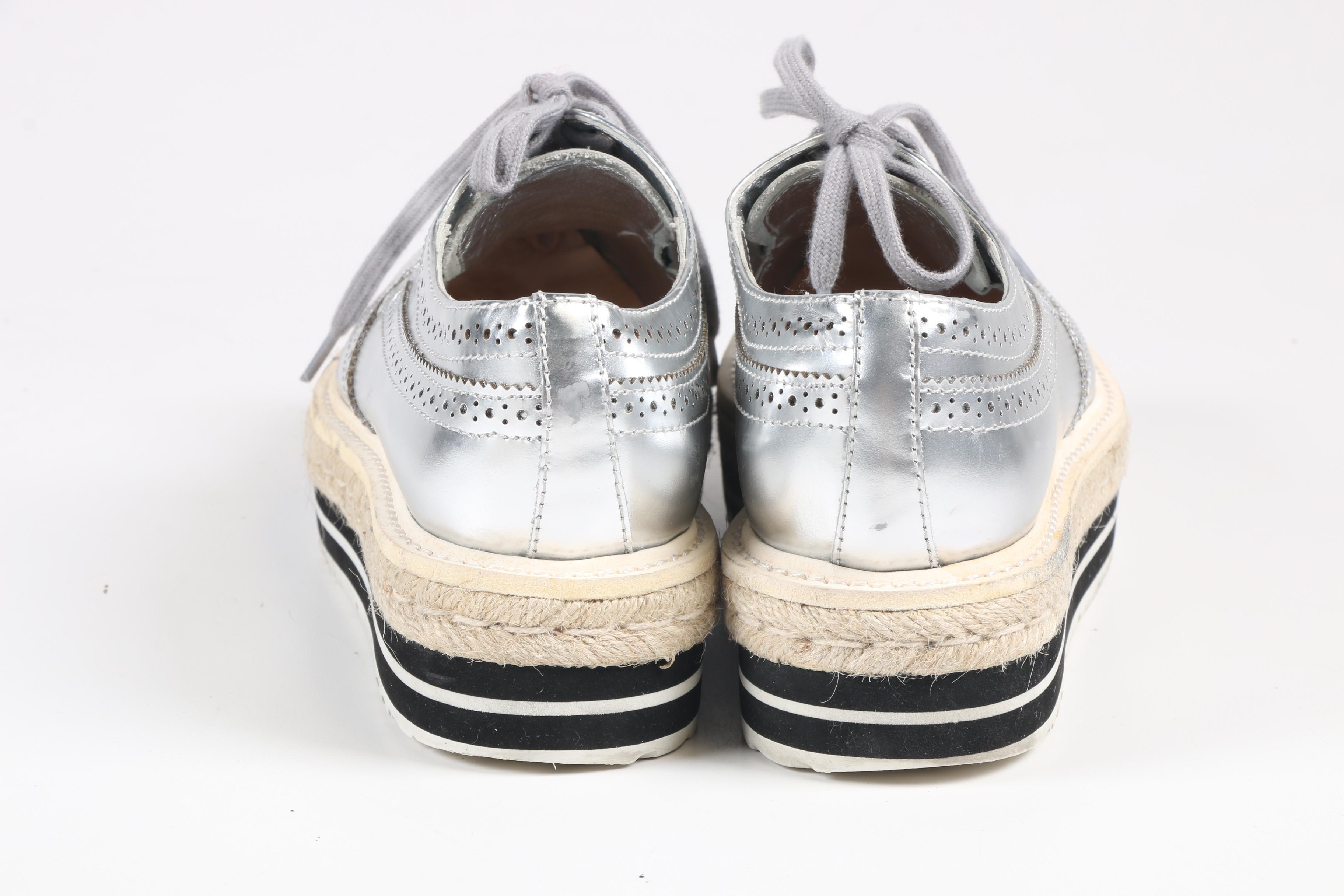 Prada Silver Metallic Leather Wingtip Platform Espadrille Brogue Shoes