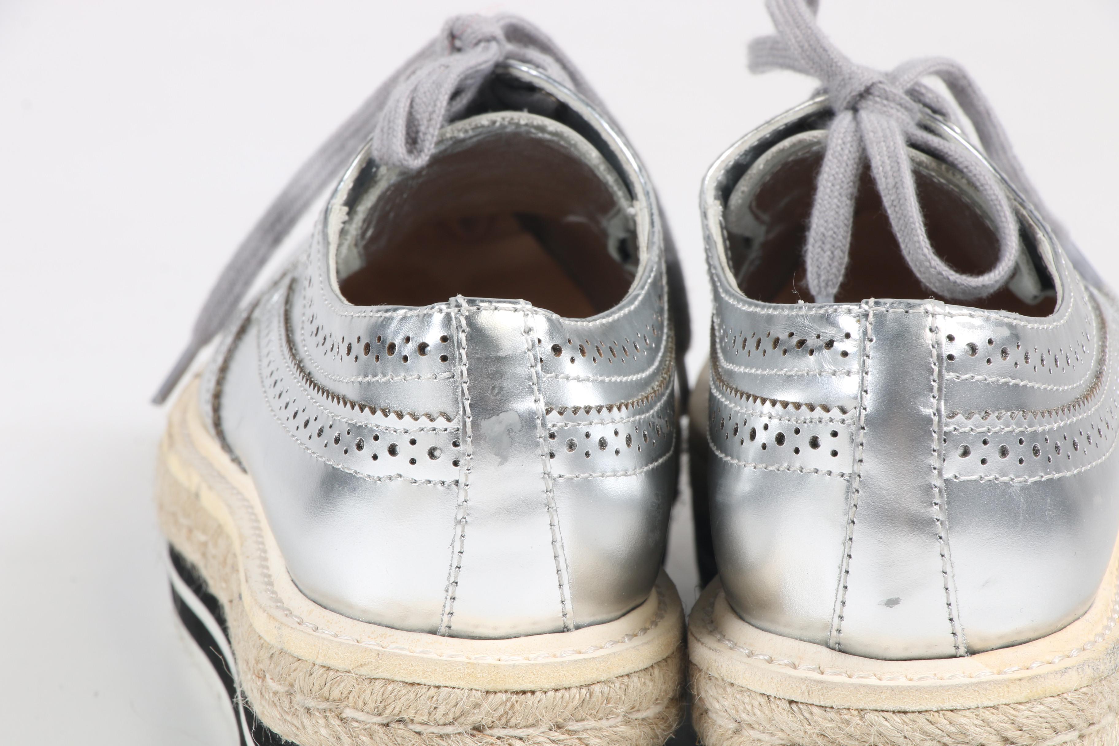Prada Silver Metallic Leather Wingtip Platform Espadrille Brogue Shoes