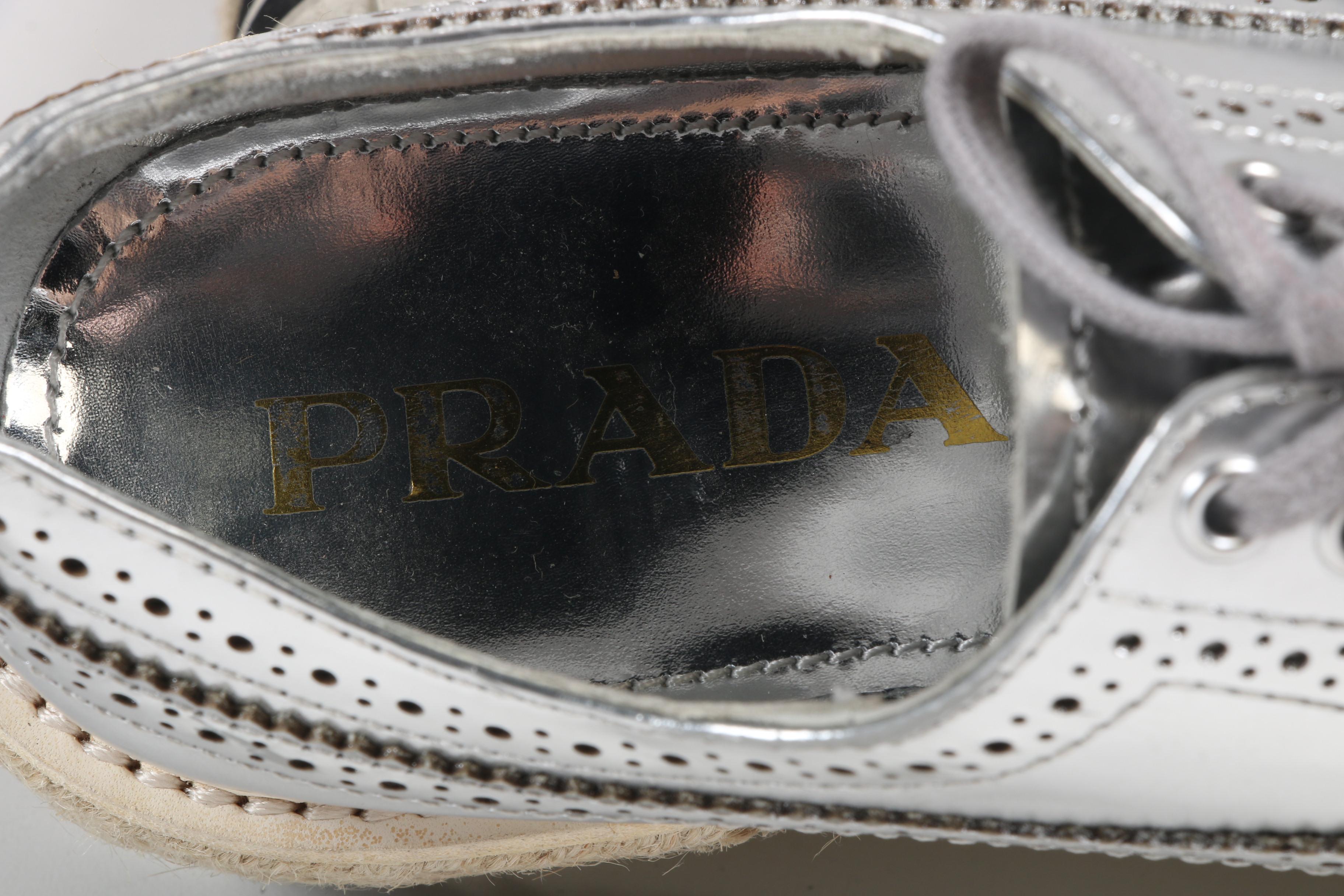 Prada Silver Metallic Leather Wingtip Platform Espadrille Brogue Shoes