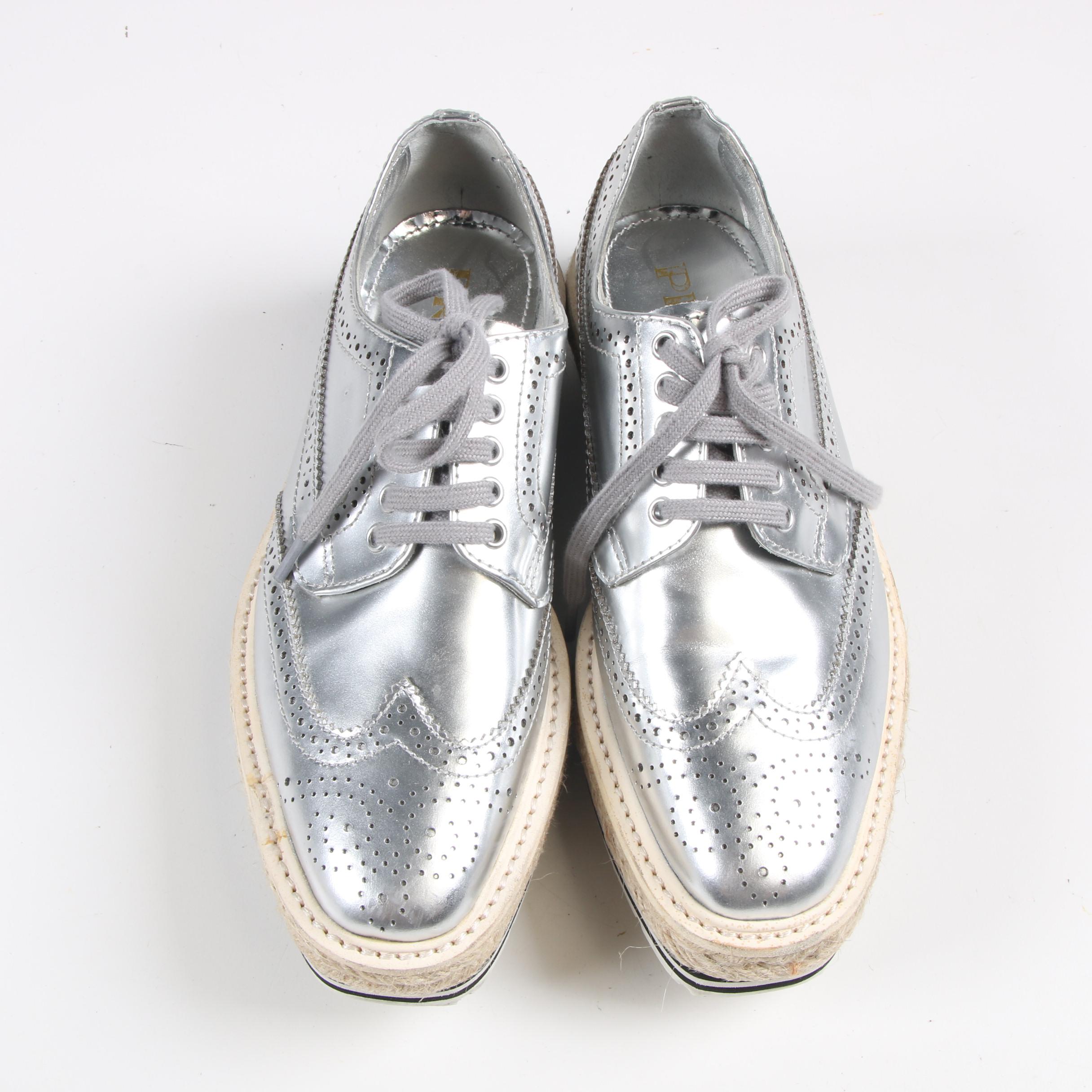 Prada Silver Metallic Leather Wingtip Platform Espadrille Brogue Shoes