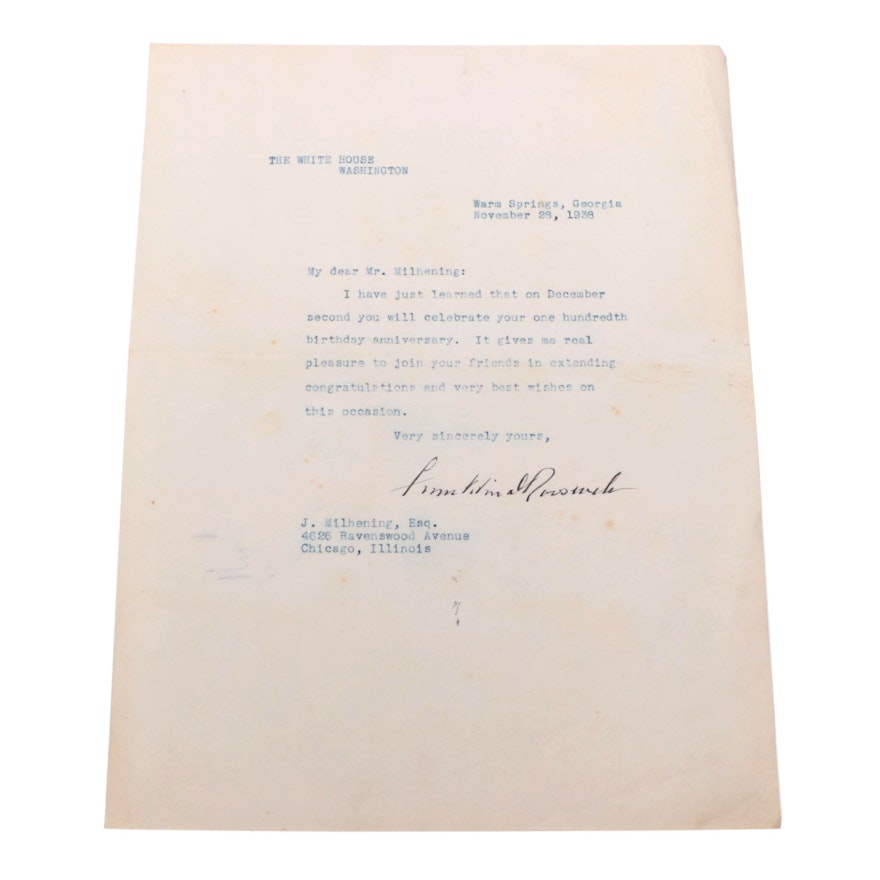 President Franklin D. Roosevelt Signed 1935 White House Typed Letter, JSA COA