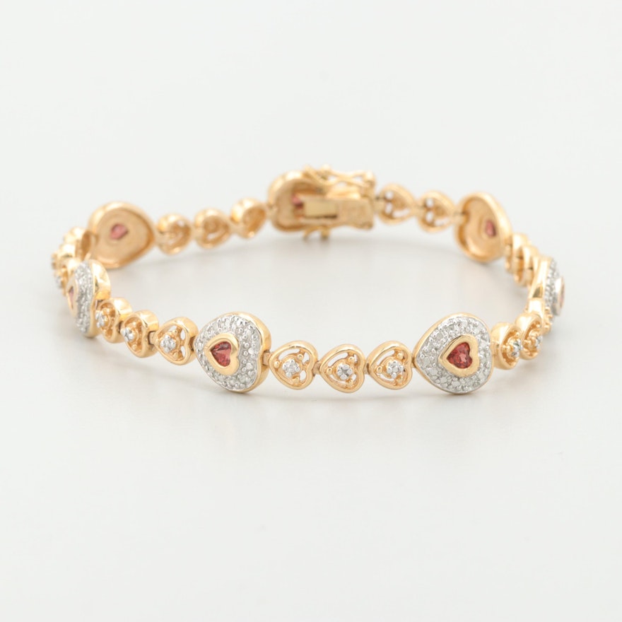 Gold Wash on Sterling Garnet and Diamond Bracelet With Heart Motif