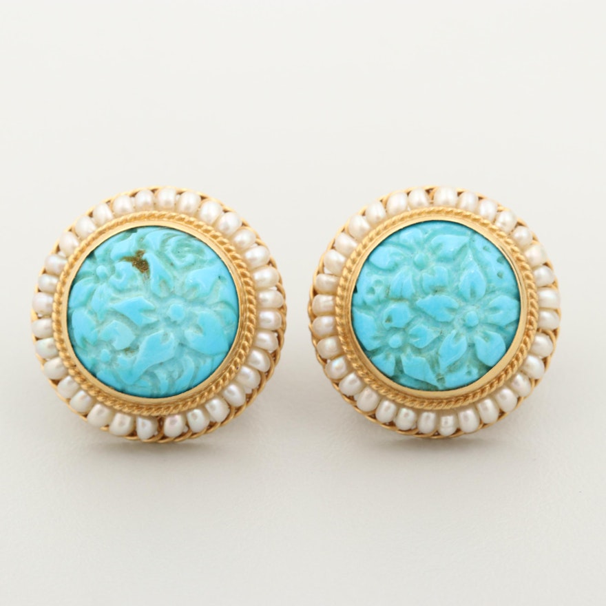 18K Yellow Gold Turquoise and Seed Pearl Earrings