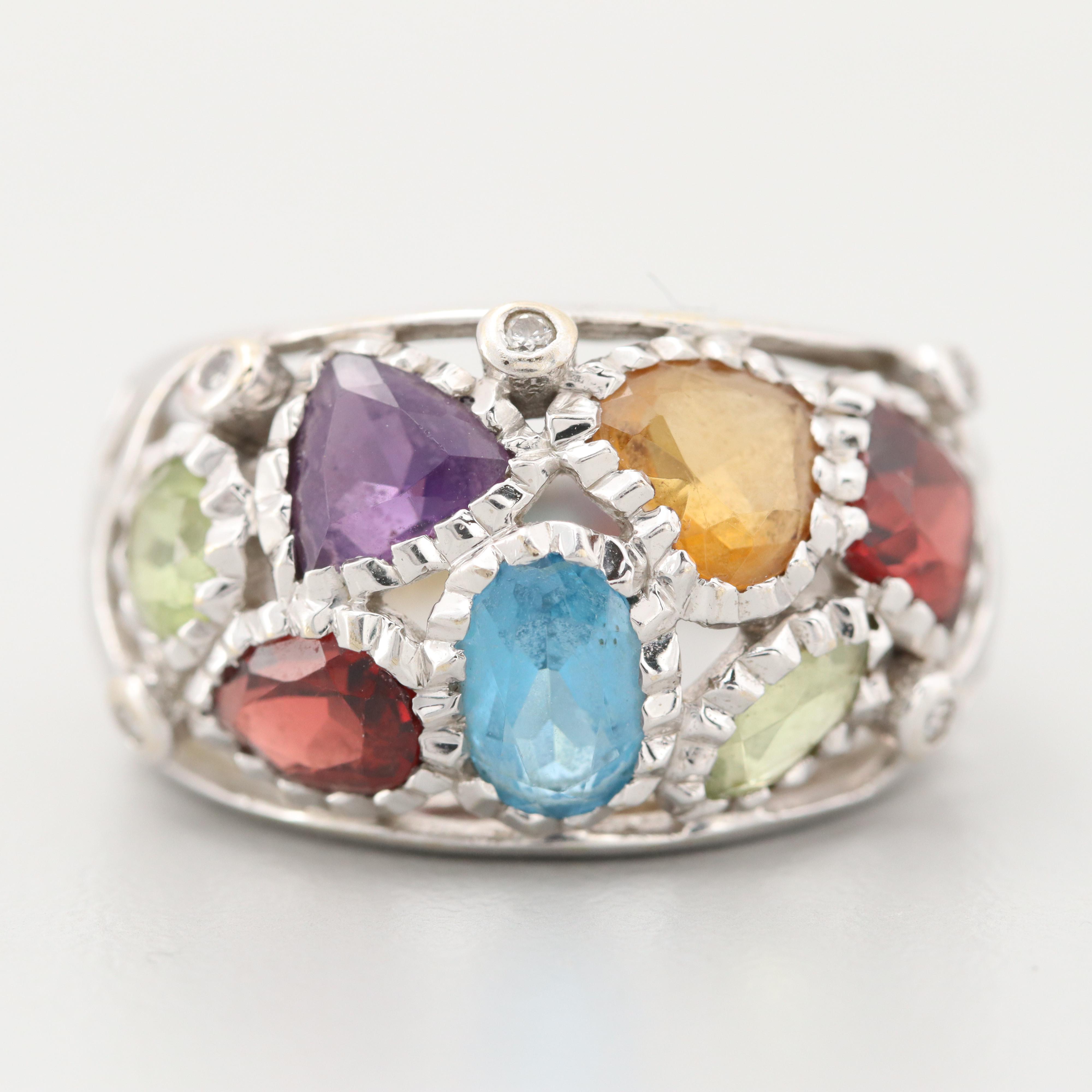 18K White Gold Peridot, Amethyst, Diamond and Gemstone Ring