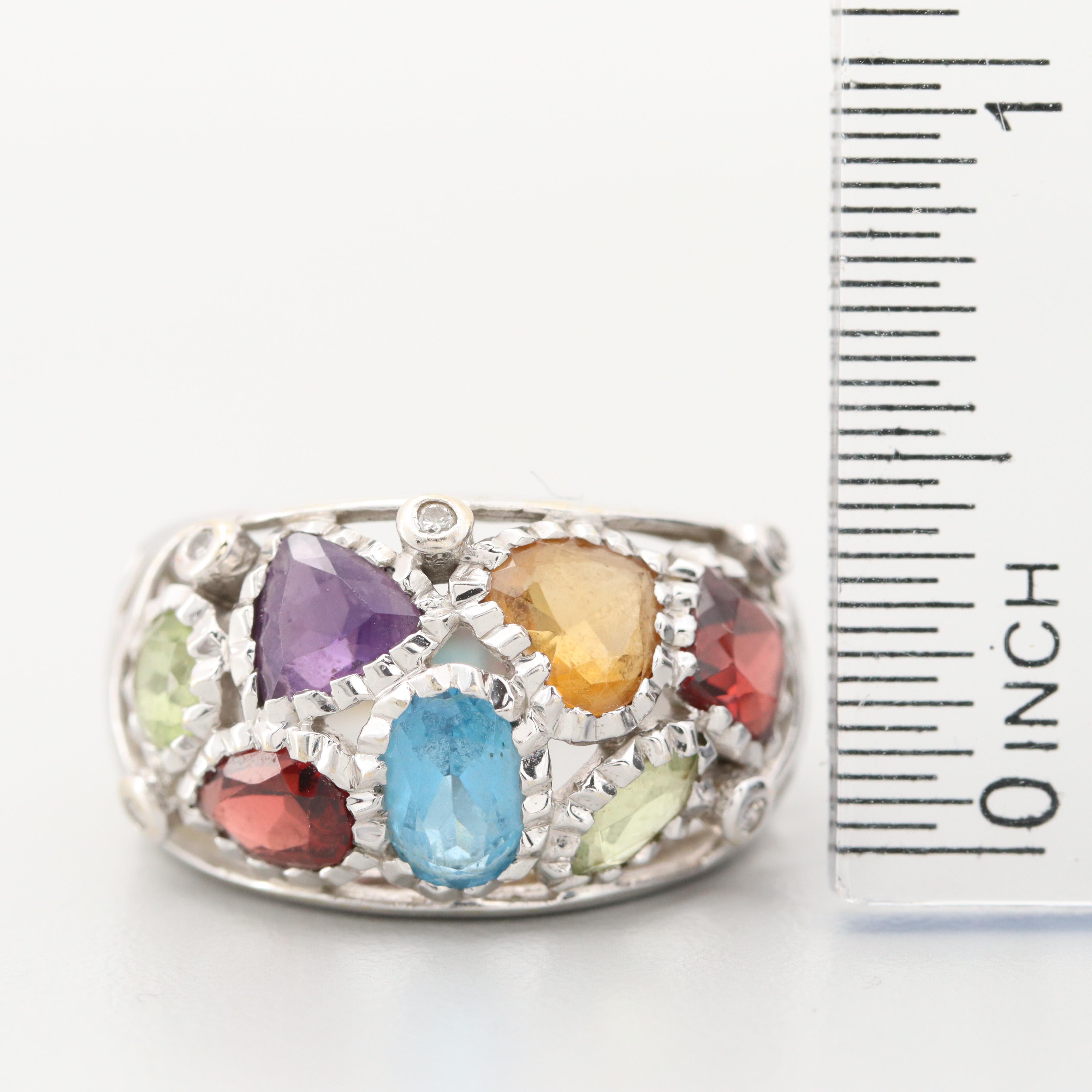 18K White Gold Peridot, Amethyst, Diamond and Gemstone Ring