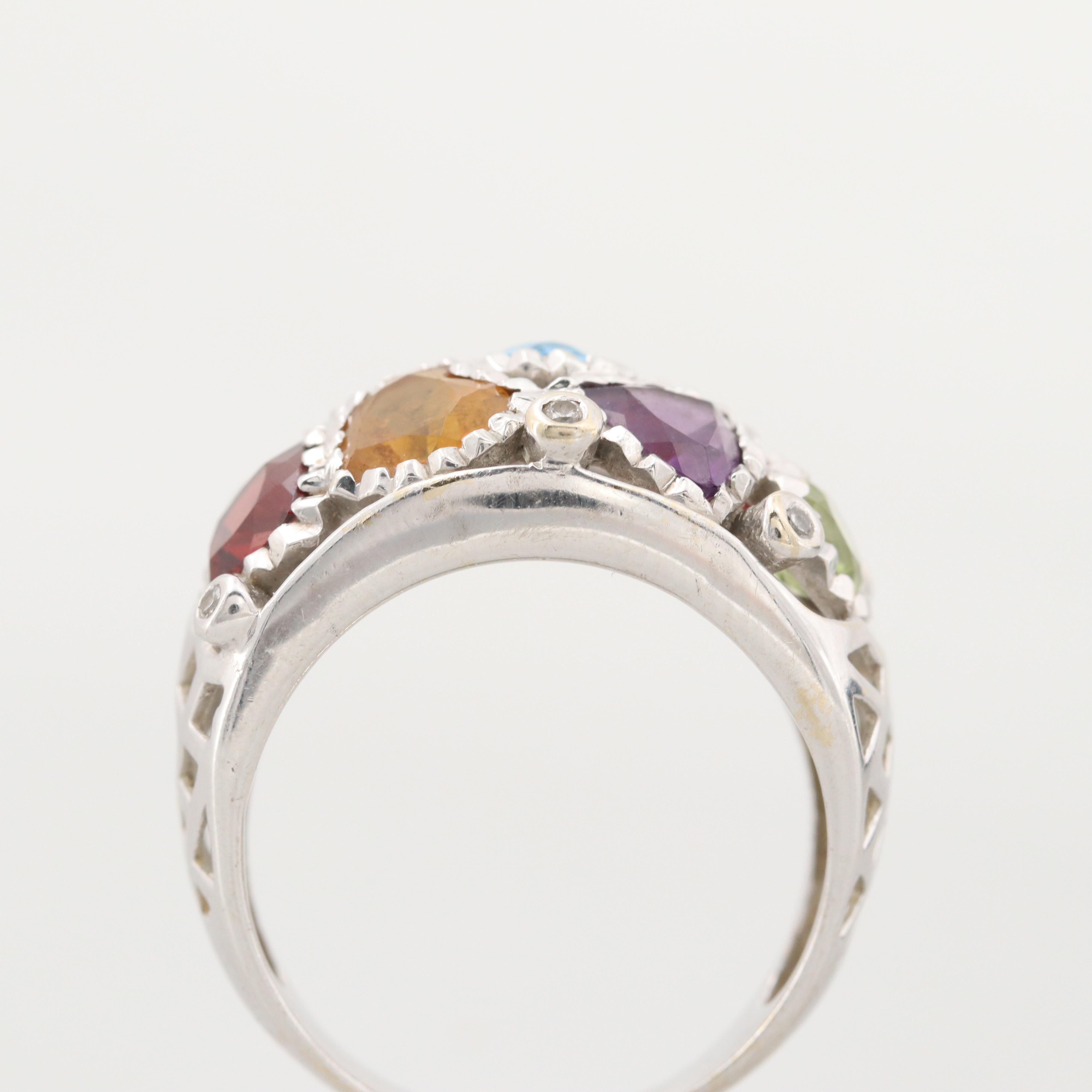 18K White Gold Peridot, Amethyst, Diamond and Gemstone Ring