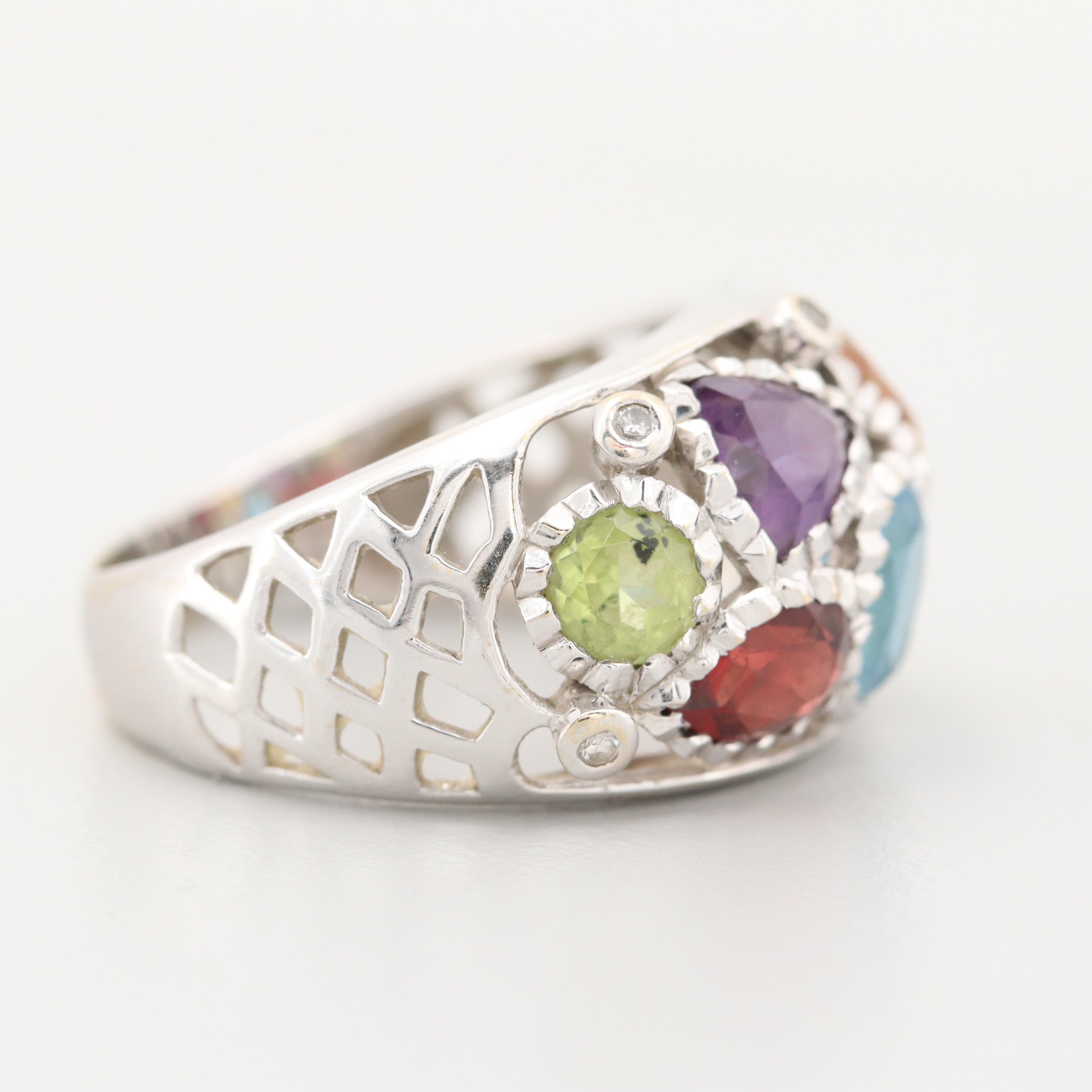 18K White Gold Peridot, Amethyst, Diamond and Gemstone Ring