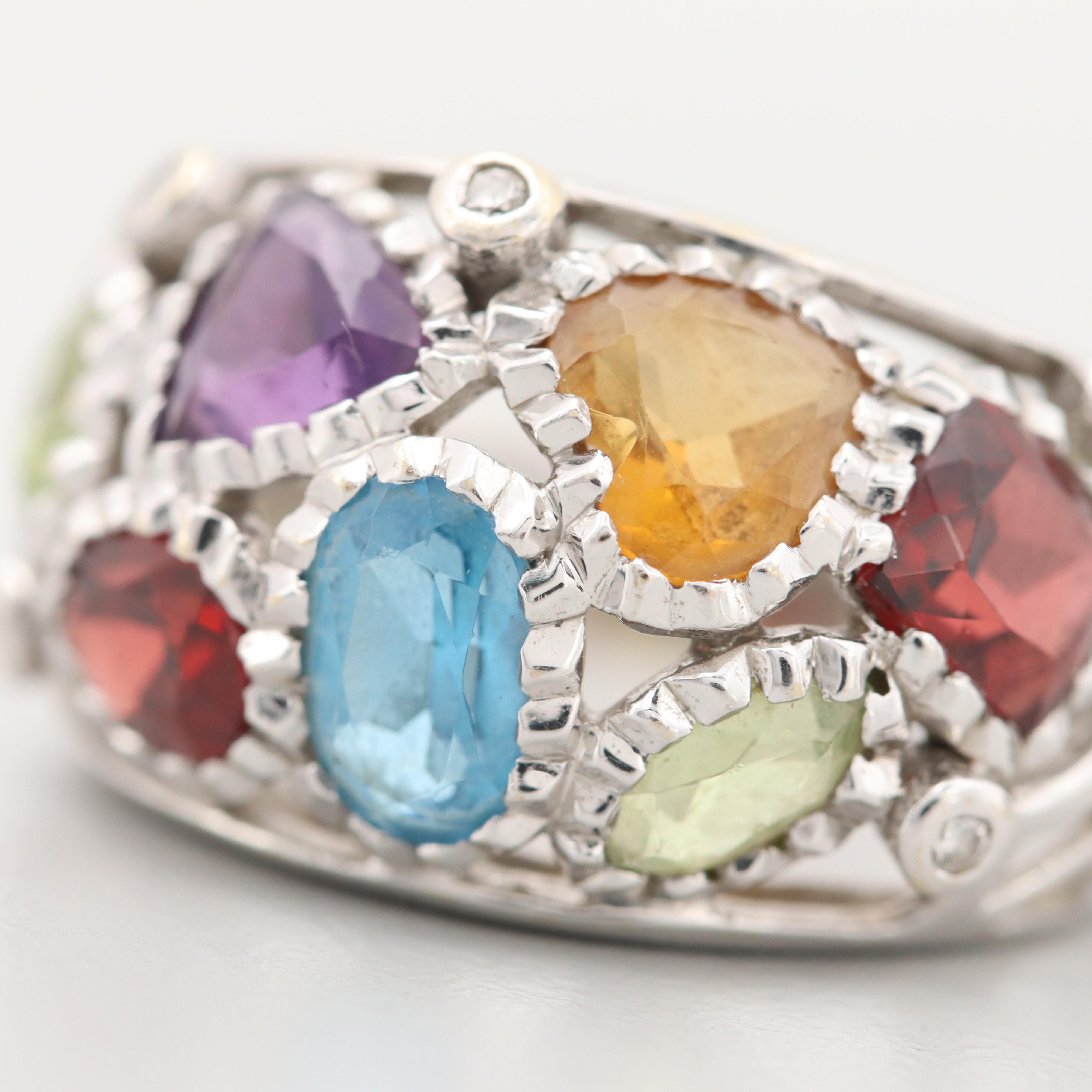 18K White Gold Peridot, Amethyst, Diamond and Gemstone Ring