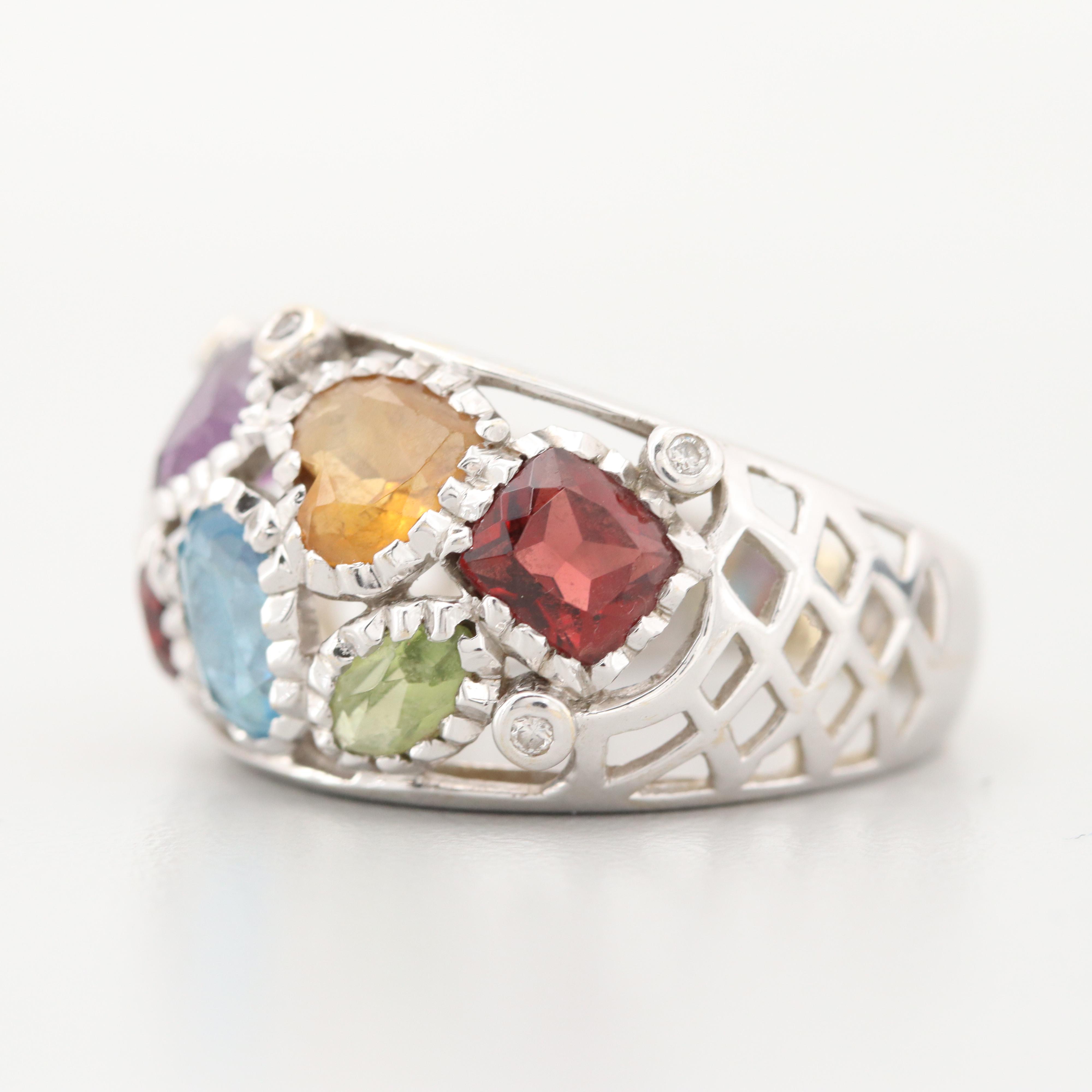 18K White Gold Peridot, Amethyst, Diamond and Gemstone Ring