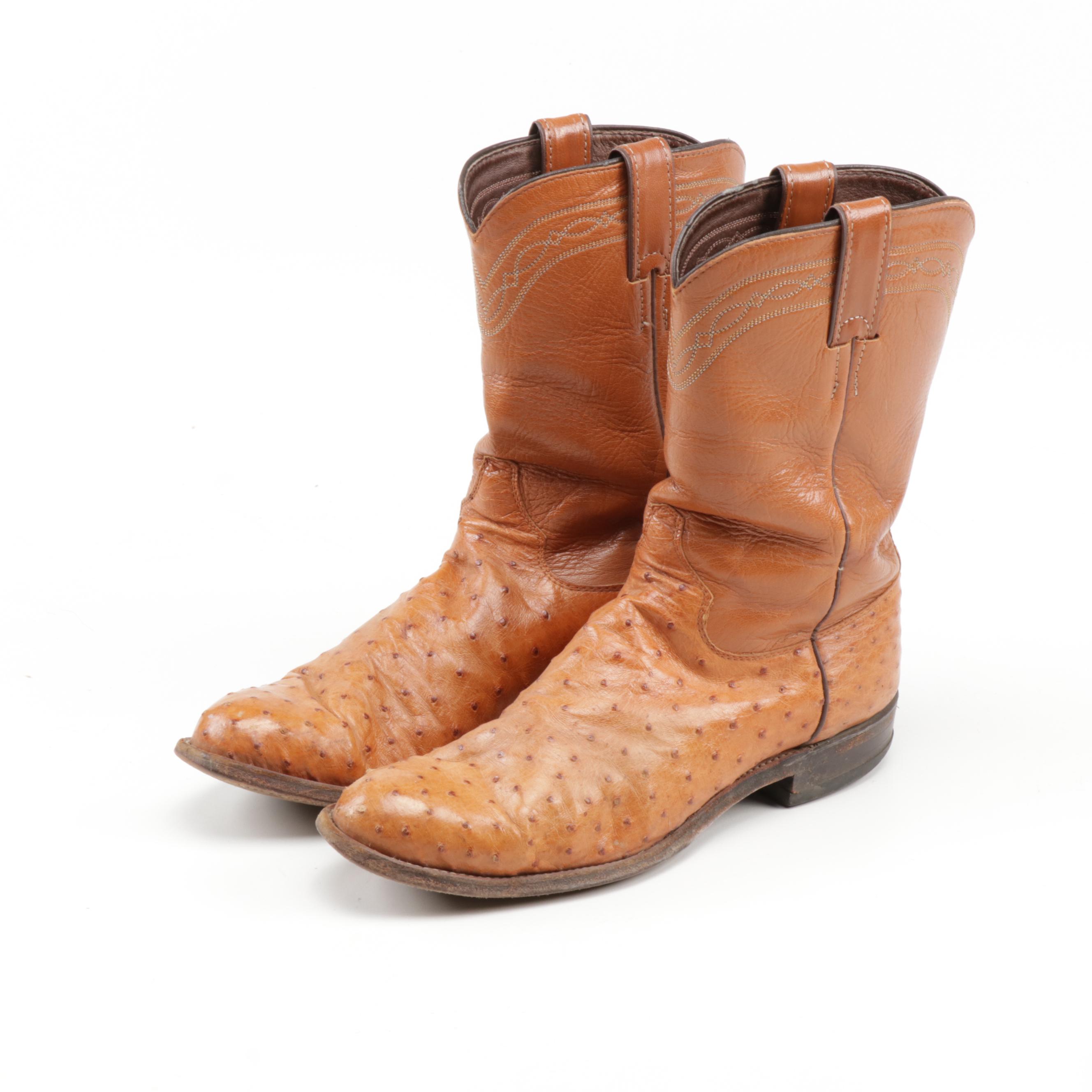 Men's Justin Tan Leather Full Quill Ostrich Western Roper Cowboy Boots