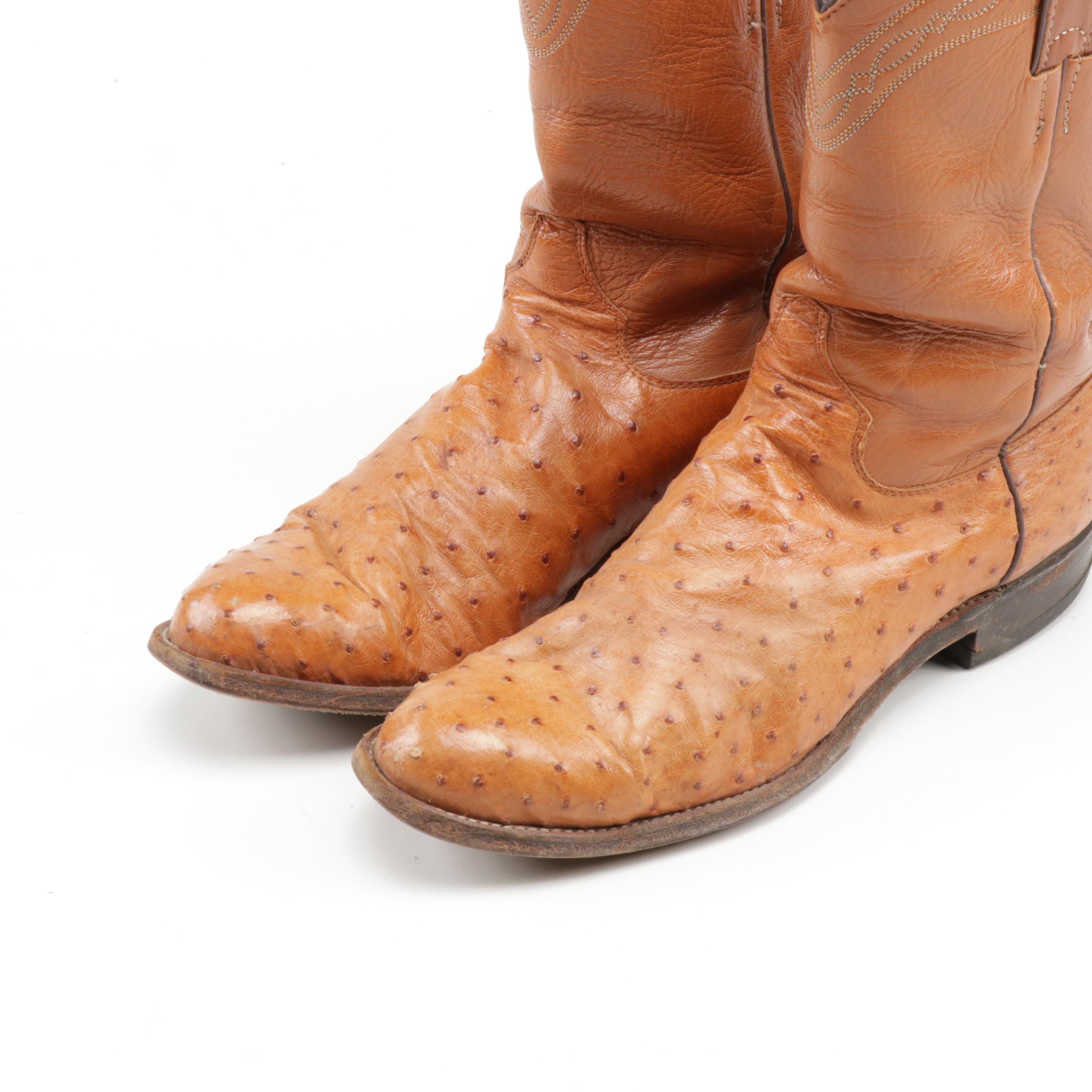 Men's Justin Tan Leather Full Quill Ostrich Western Roper Cowboy Boots