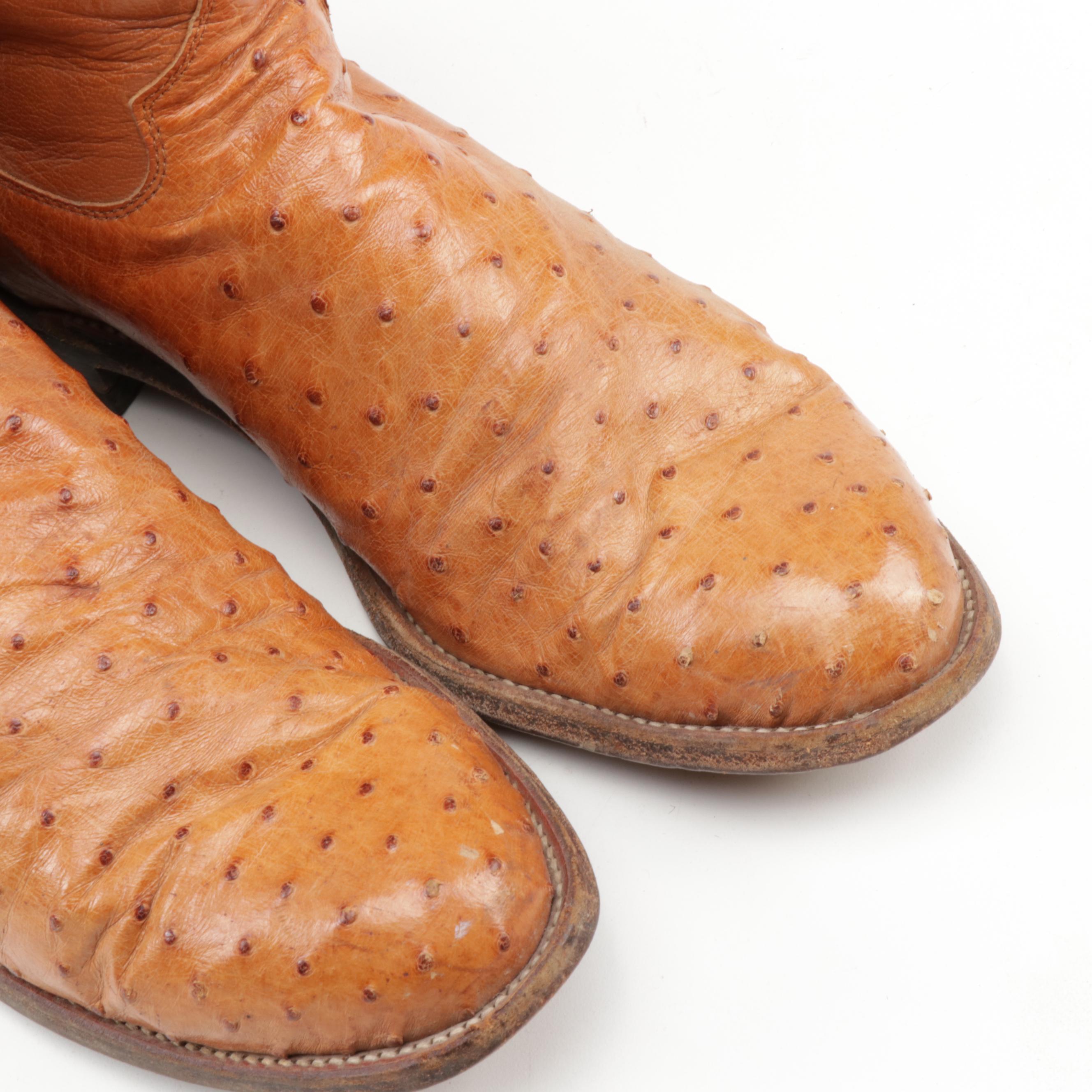 Men's Justin Tan Leather Full Quill Ostrich Western Roper Cowboy Boots