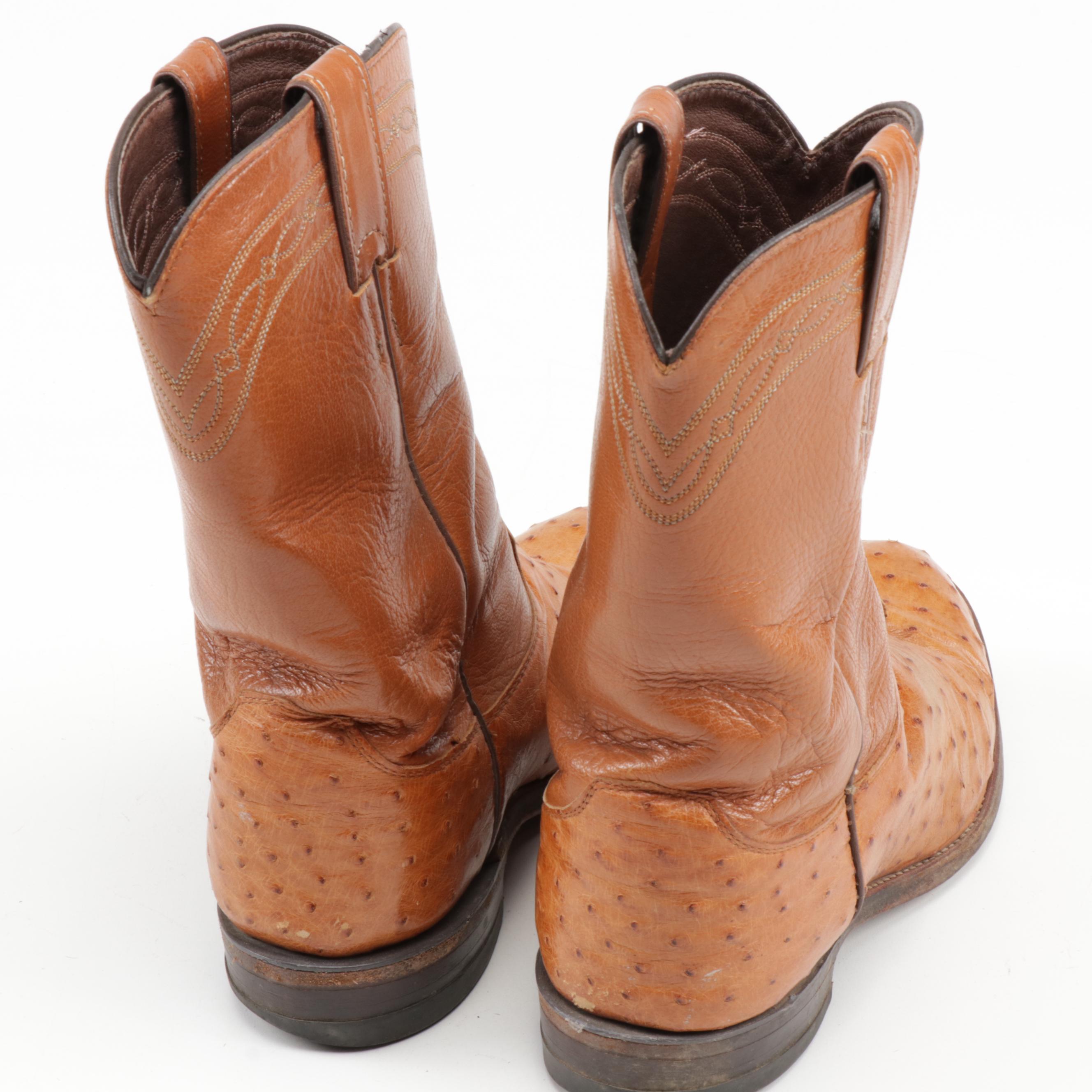 Men's Justin Tan Leather Full Quill Ostrich Western Roper Cowboy Boots
