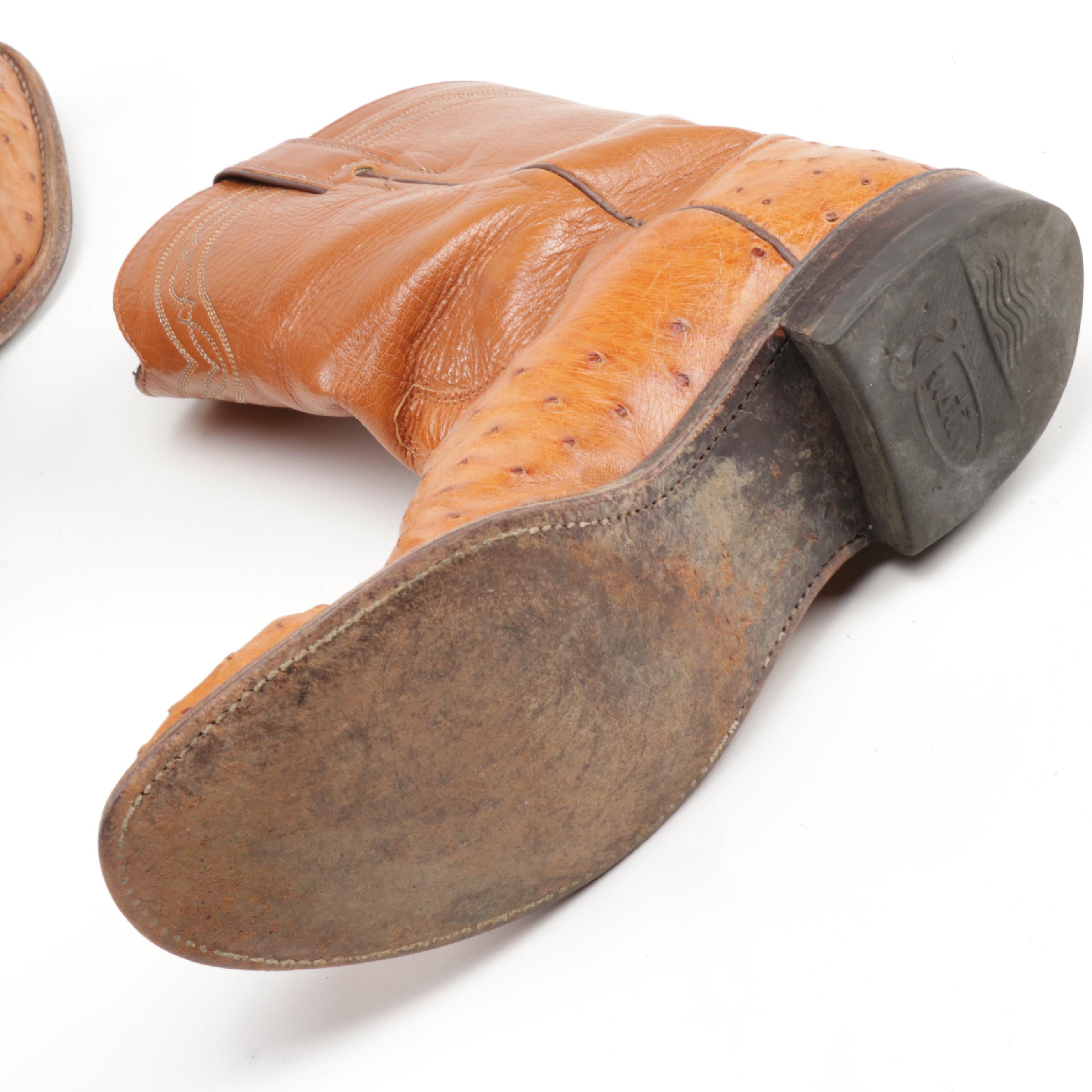 Men's Justin Tan Leather Full Quill Ostrich Western Roper Cowboy Boots